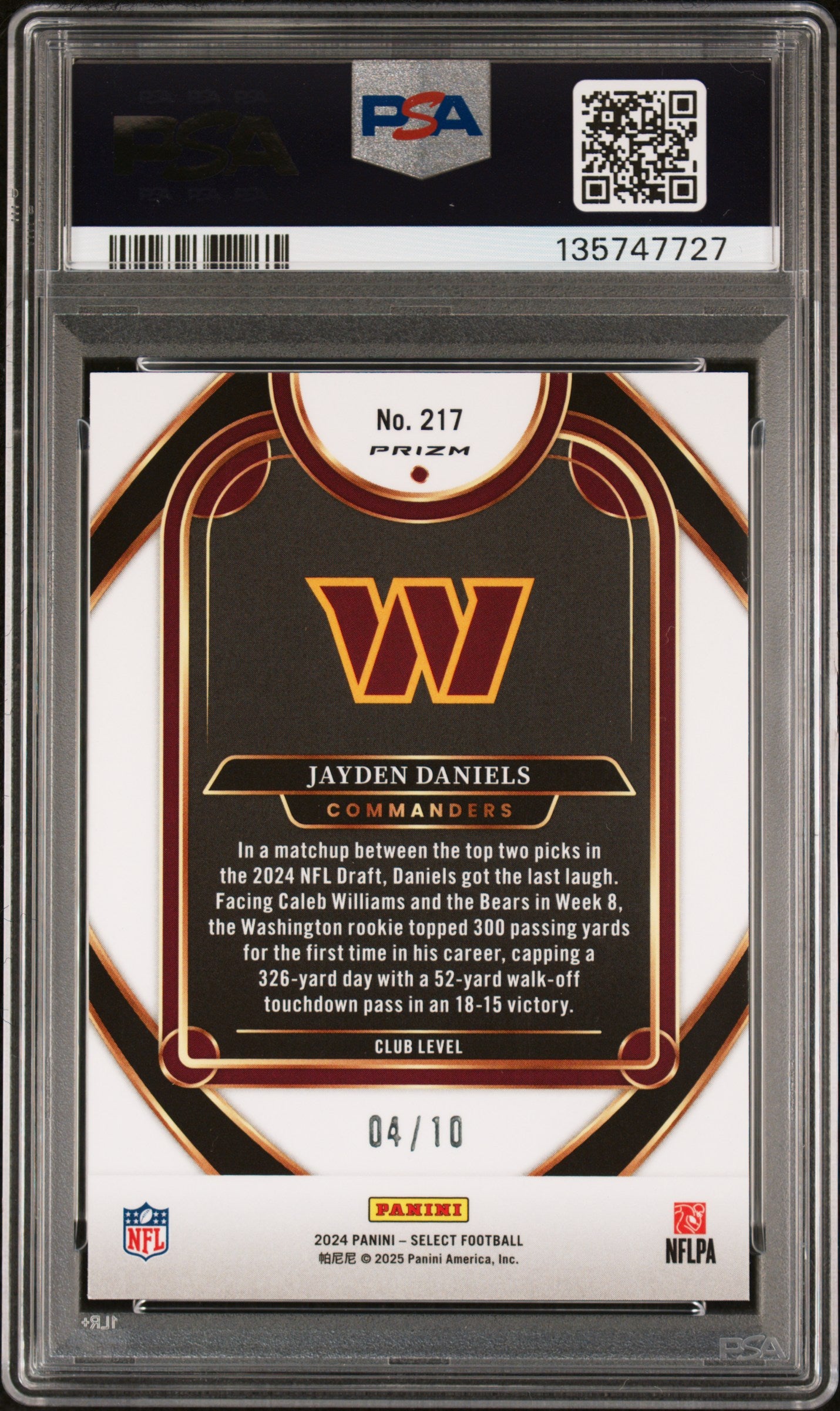 2024 Select - Jayden Daniels - Gold Disco Prizm /10 # 217 - RC Rookie - PSA 9