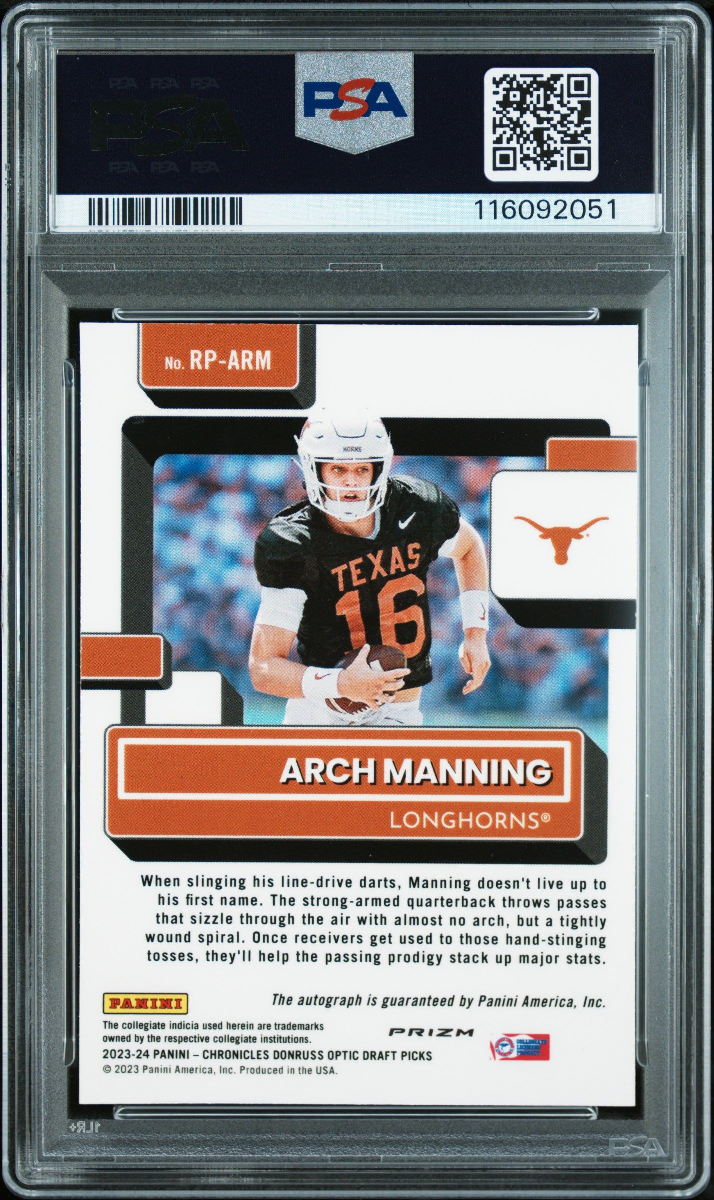 2023 National Treasures Collegiate Optic  -Arch Manning  - Auto - PSA 8