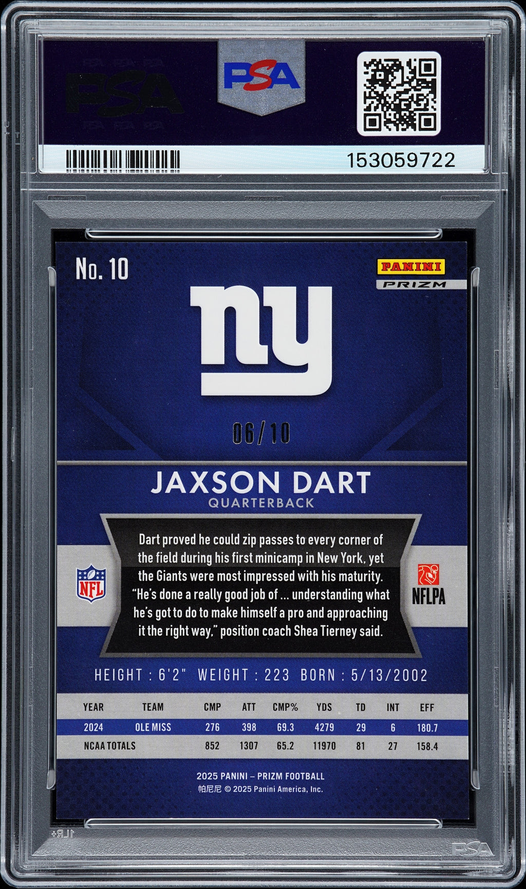 2025 Prizm - Jaxson Dart - Flashback Rookie Gold /10 #10 - PSA 9