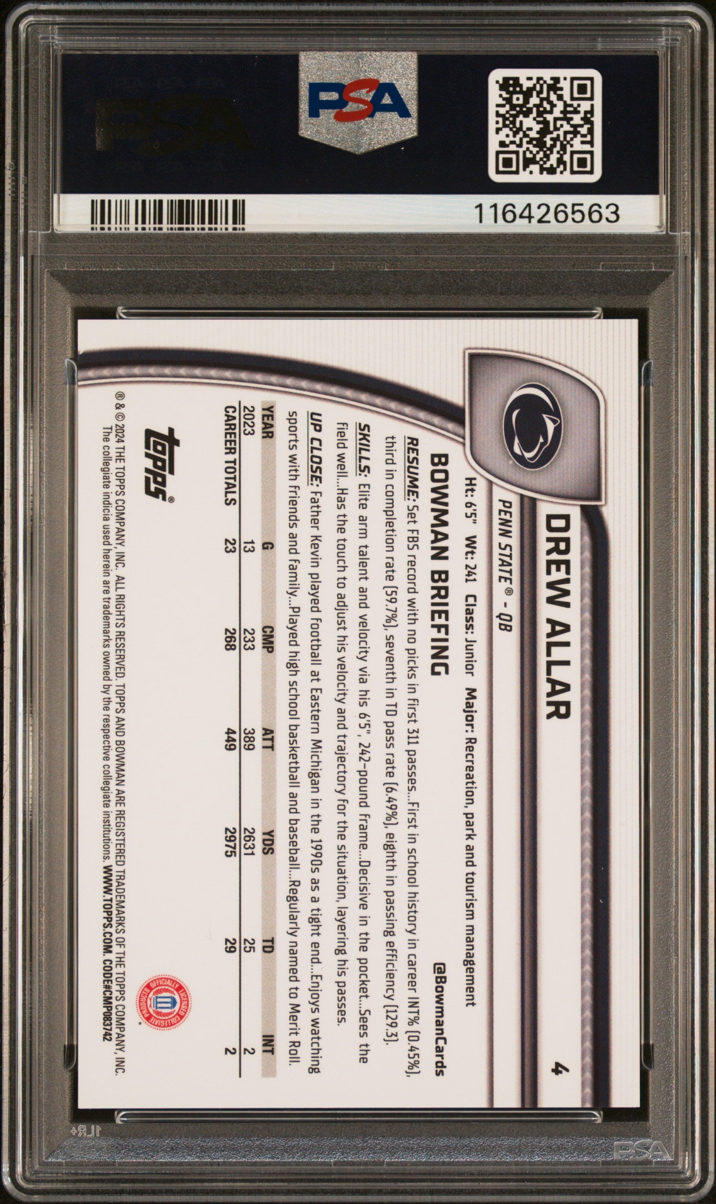 2024 Bowman Sapphire - Drew Allar - Yellow Refractor /75 -#4 - PSA 10 - GEM MINT