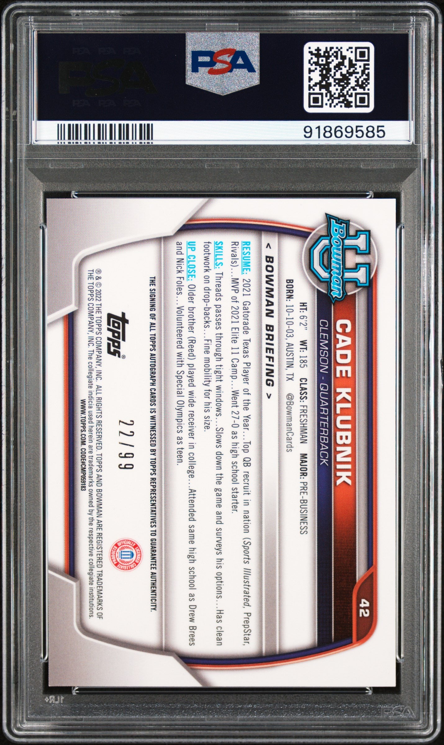 2022 Bowman Chrome - Cade Klubnik - Green Auto - 1st- PSA 10 - GEM Rate - #42