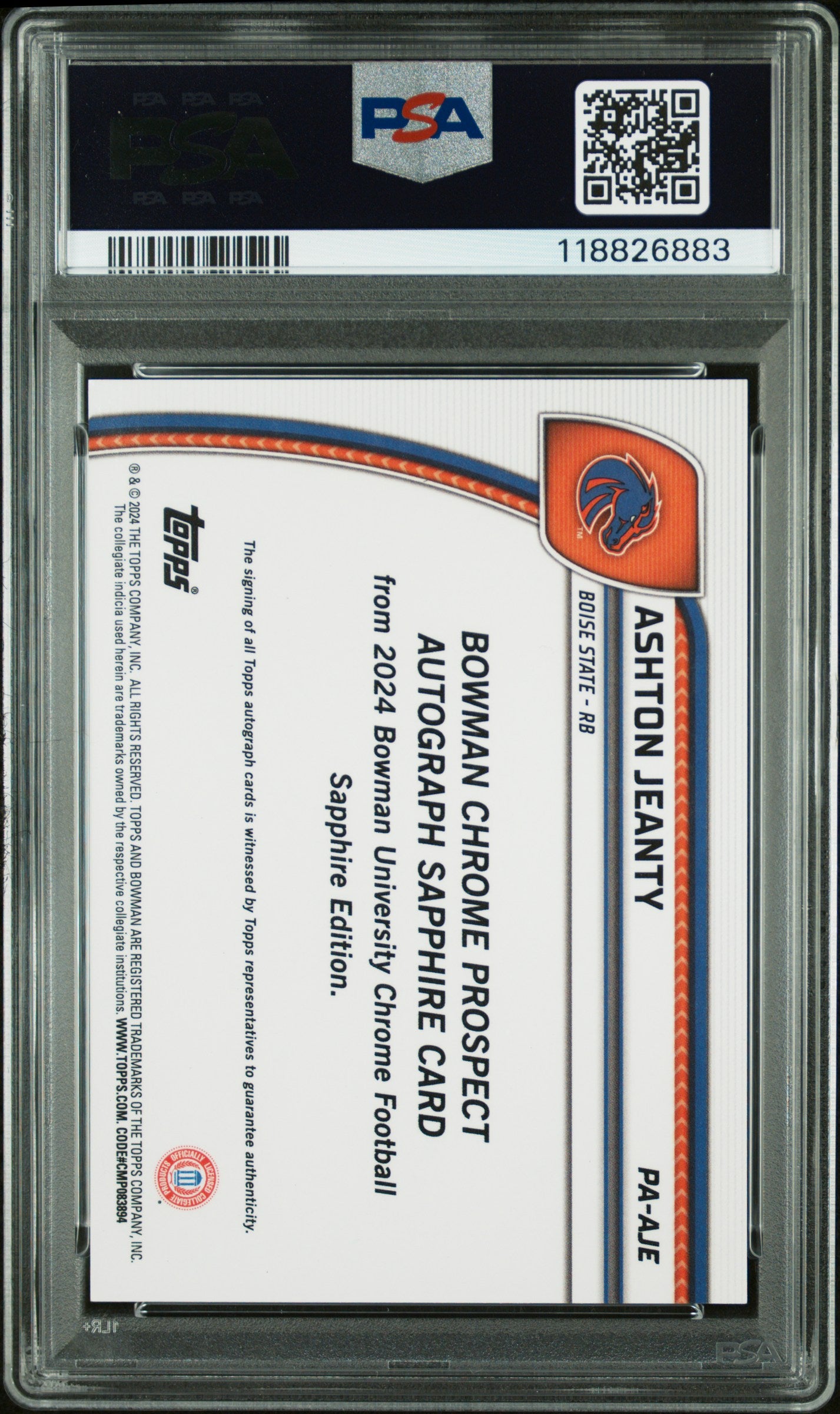2024 Bowman Sapphire - Ashton Jeanty - Orange Auto /25 - #PAAJE - PSA 10 Auto 10