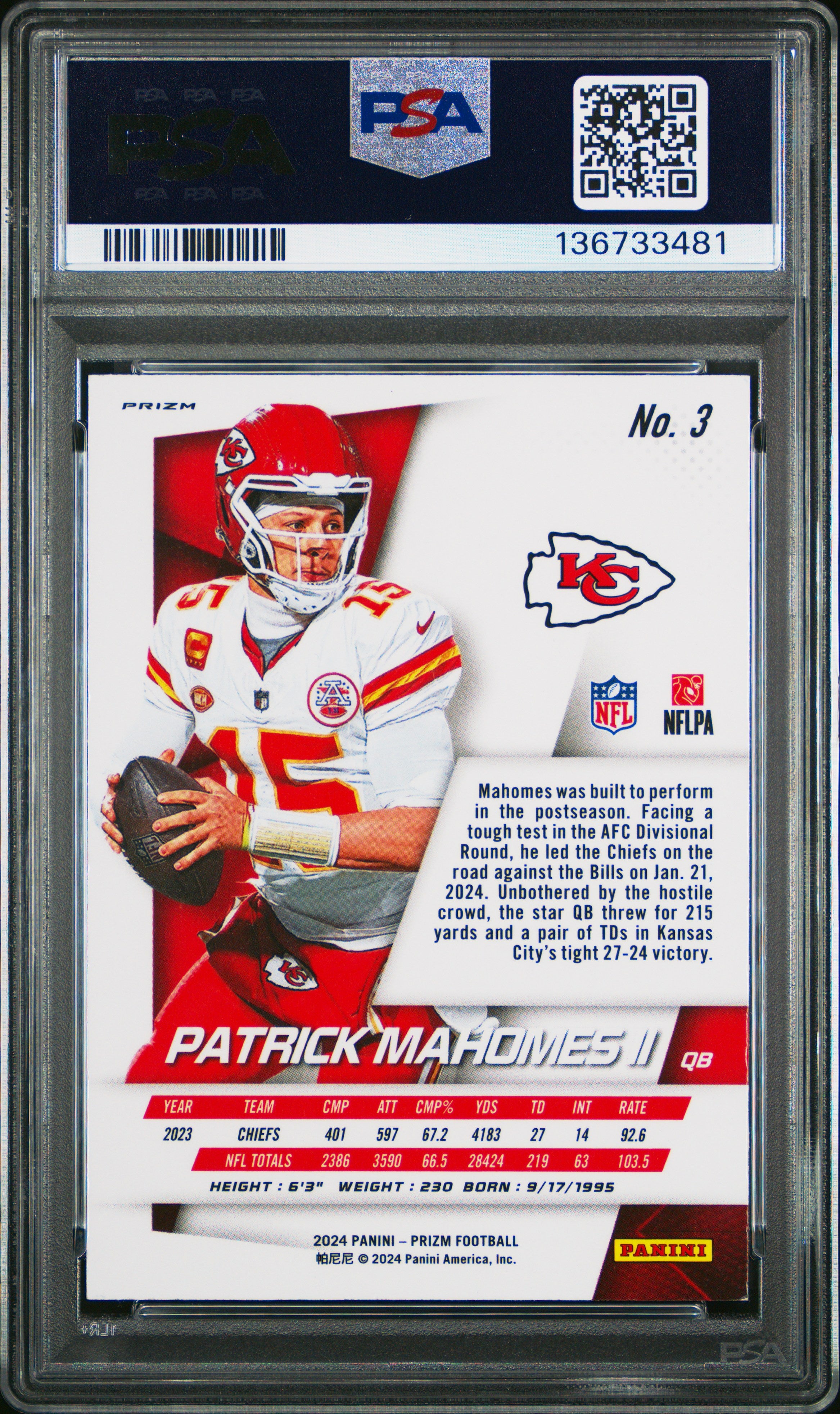 2024 Prizm - Patrick Mahomes II - Flashback No Huddle #3 - PSA 8