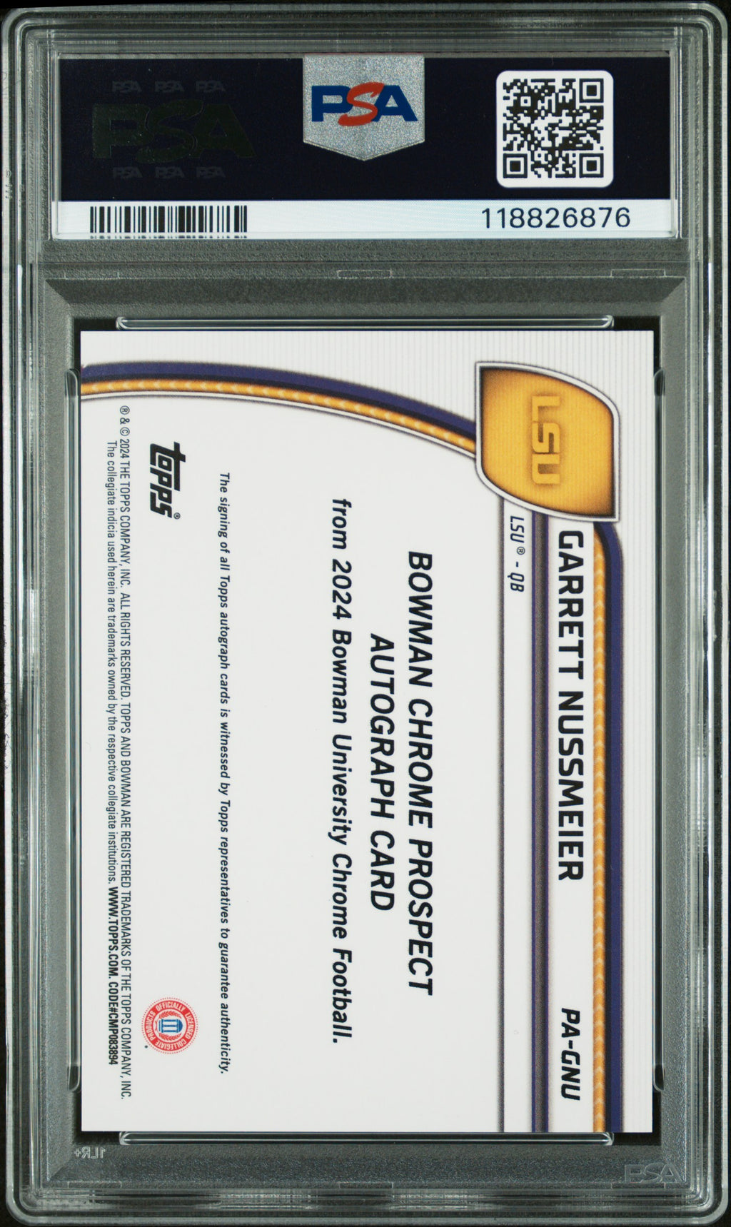 2024 Bowman Chrome - Garrett Nussmeier -Yellow Refractor Auto /75 - PSA 9