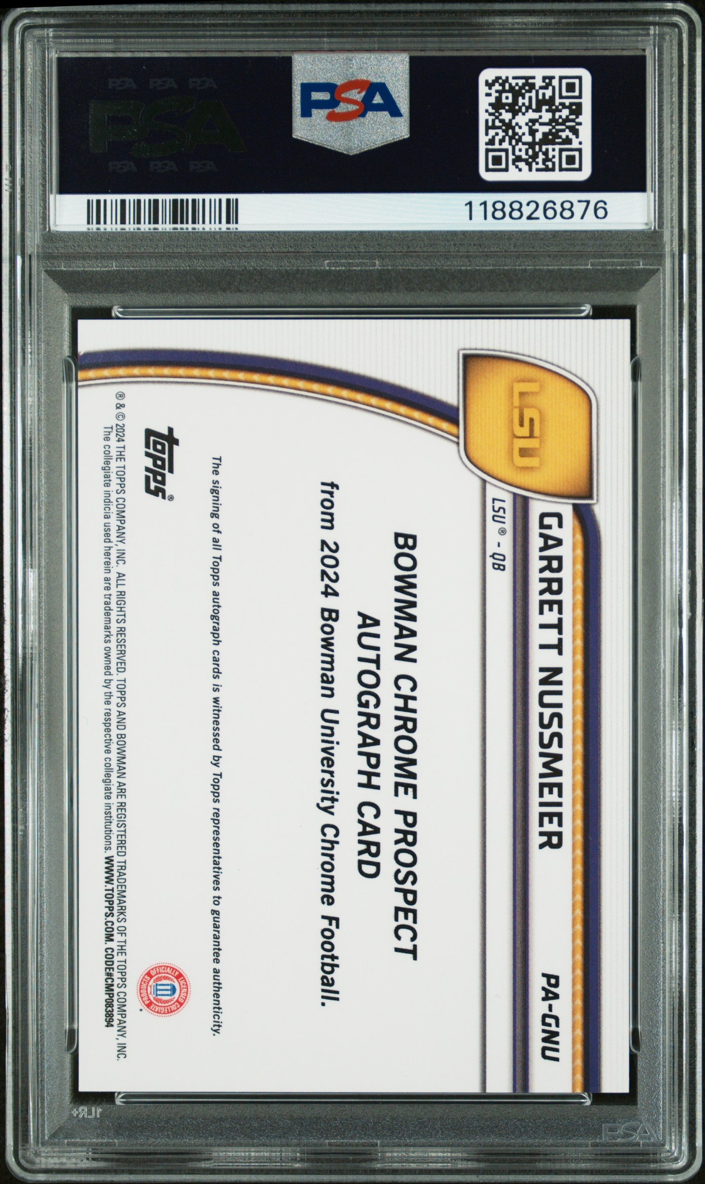 2024 Bowman Chrome - Garrett Nussmeier -Yellow Refractor Auto /75 - PSA 9