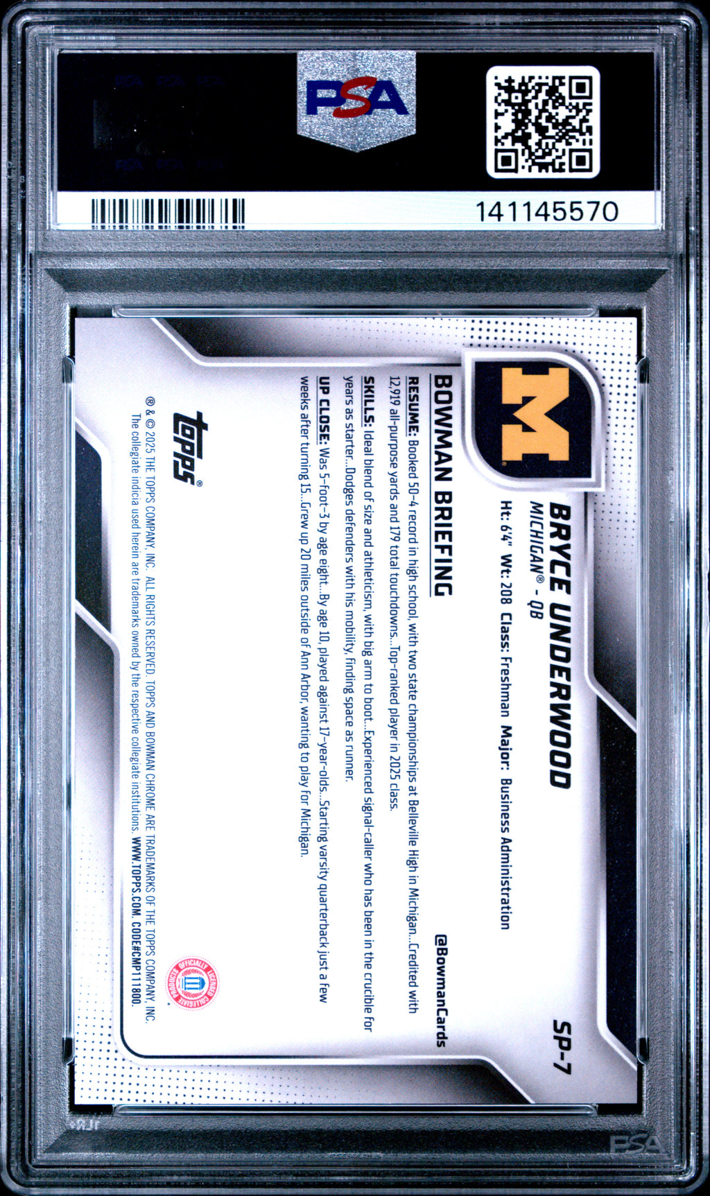 2025 Bowman Chrome -  Bryce Underwood - Silver Image Variation - PSA 9