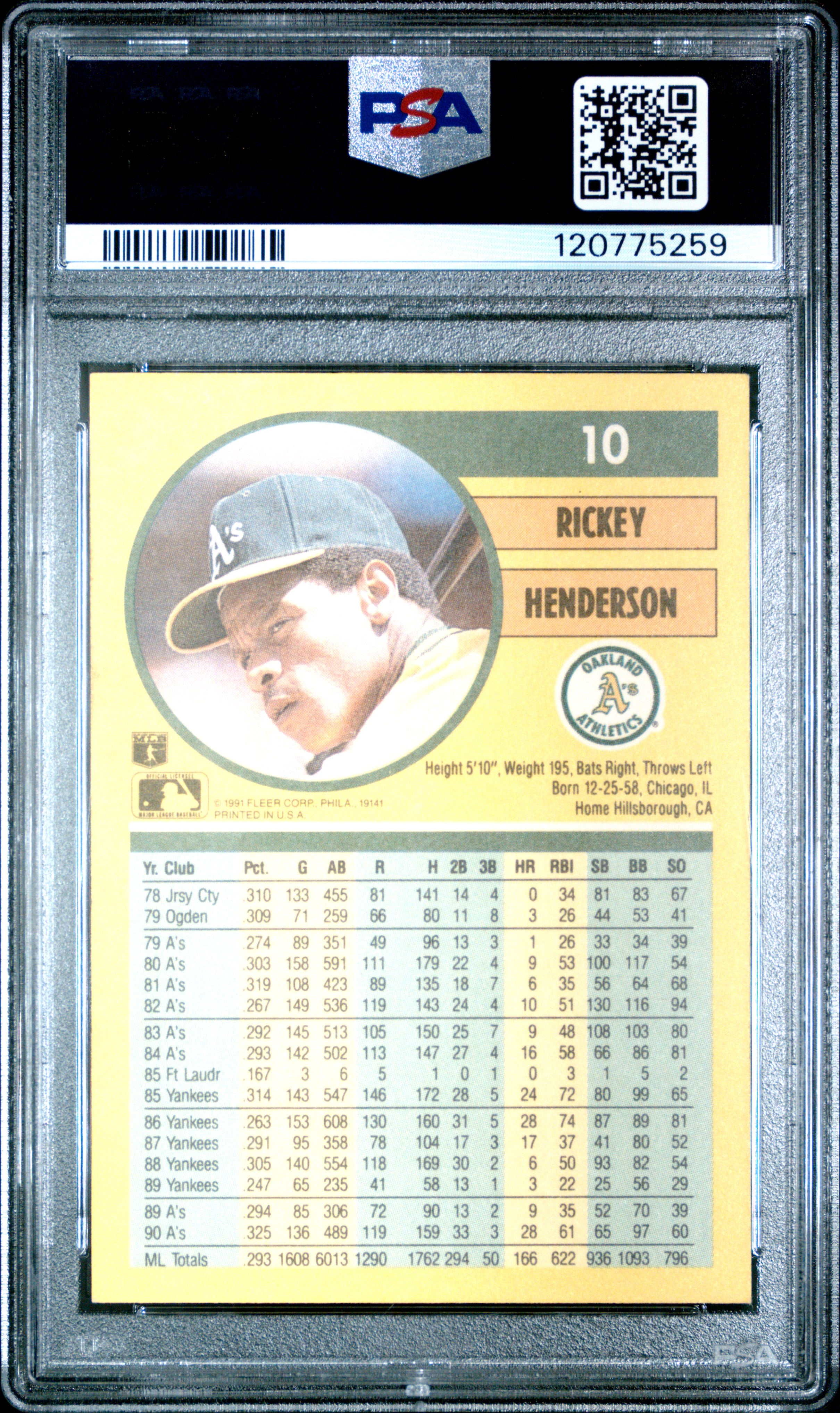 1991 Fleer - Rickey Henderson - #10 - PSA 9