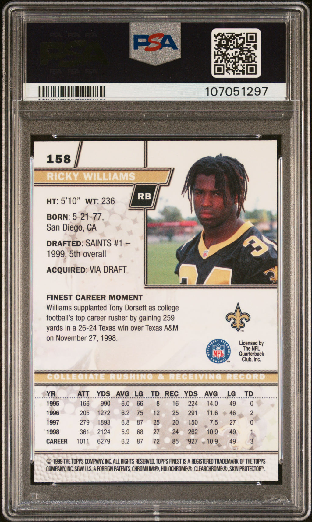 1999 Finest - Ricky Williams - Finest w/ Coating #158 - - RC Rookie - PSA 7