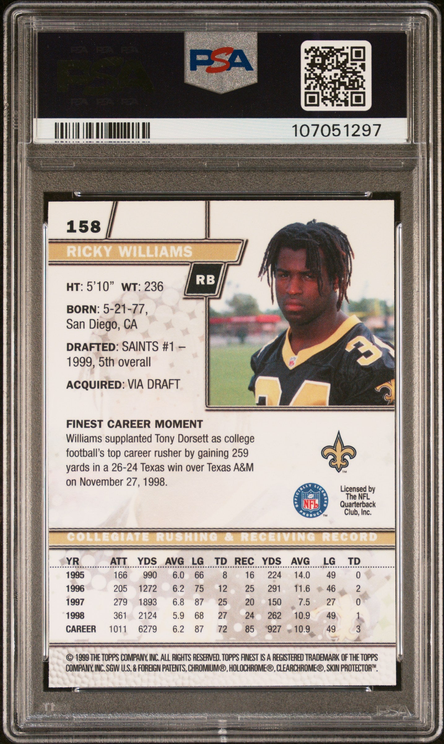 1999 Finest - Ricky Williams - Finest w/ Coating #158 - - RC Rookie - PSA 7
