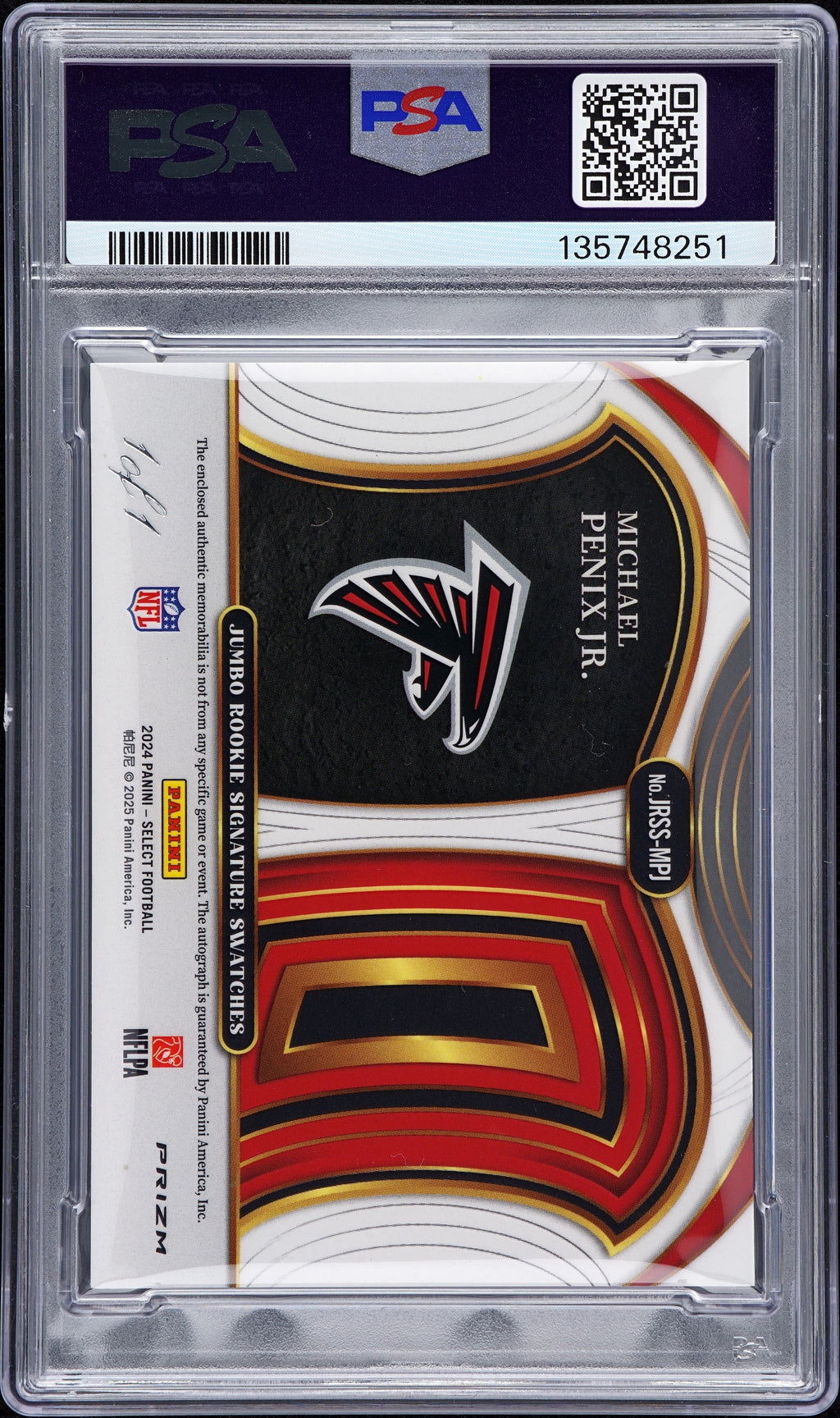 2024 Select Michael Penix Jr - Jumbo Rookie SIgnature Swatches 1/1 - PSA 9