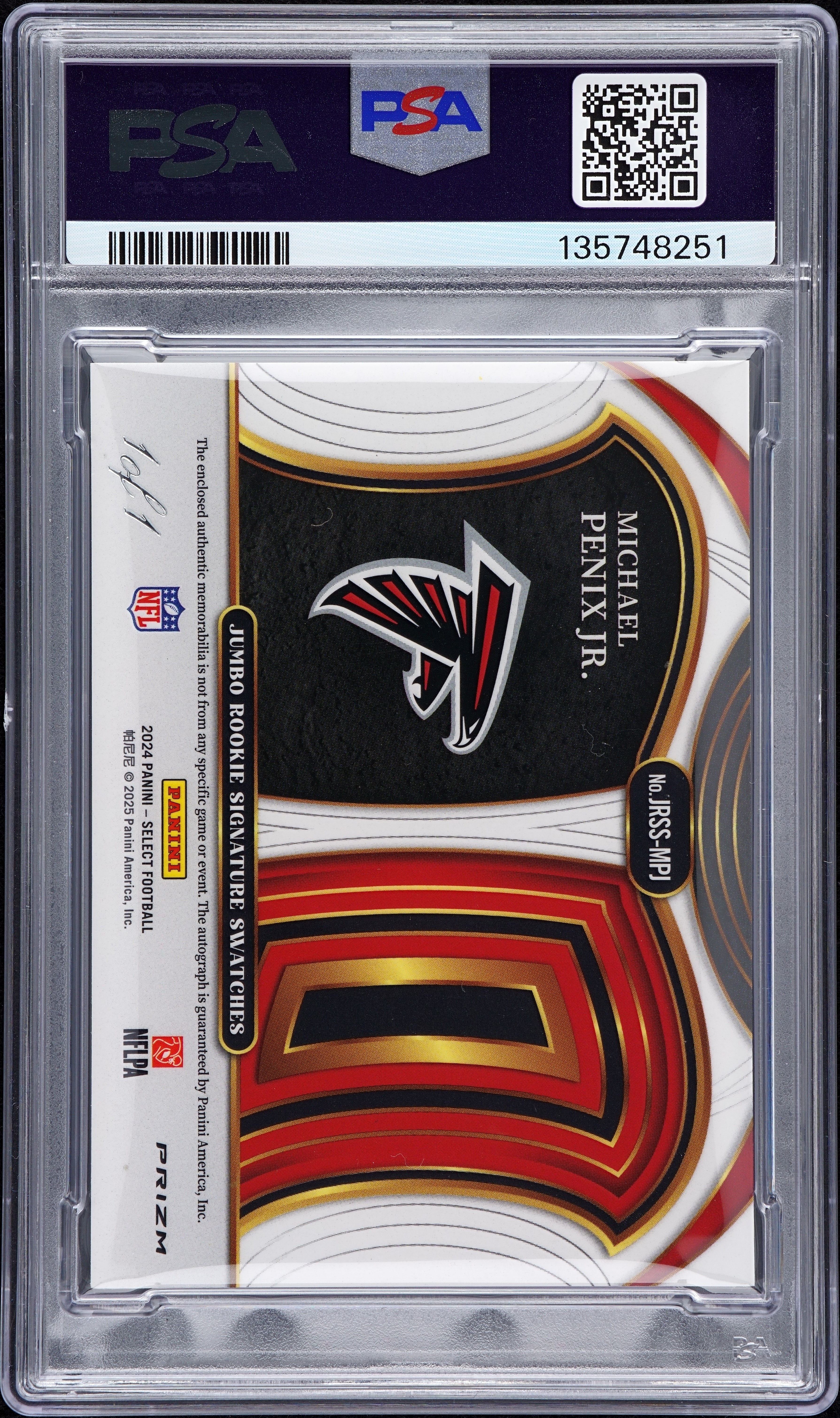 2024 Select Michael Penix Jr - Jumbo Rookie SIgnature Swatches 1/1 - PSA 9