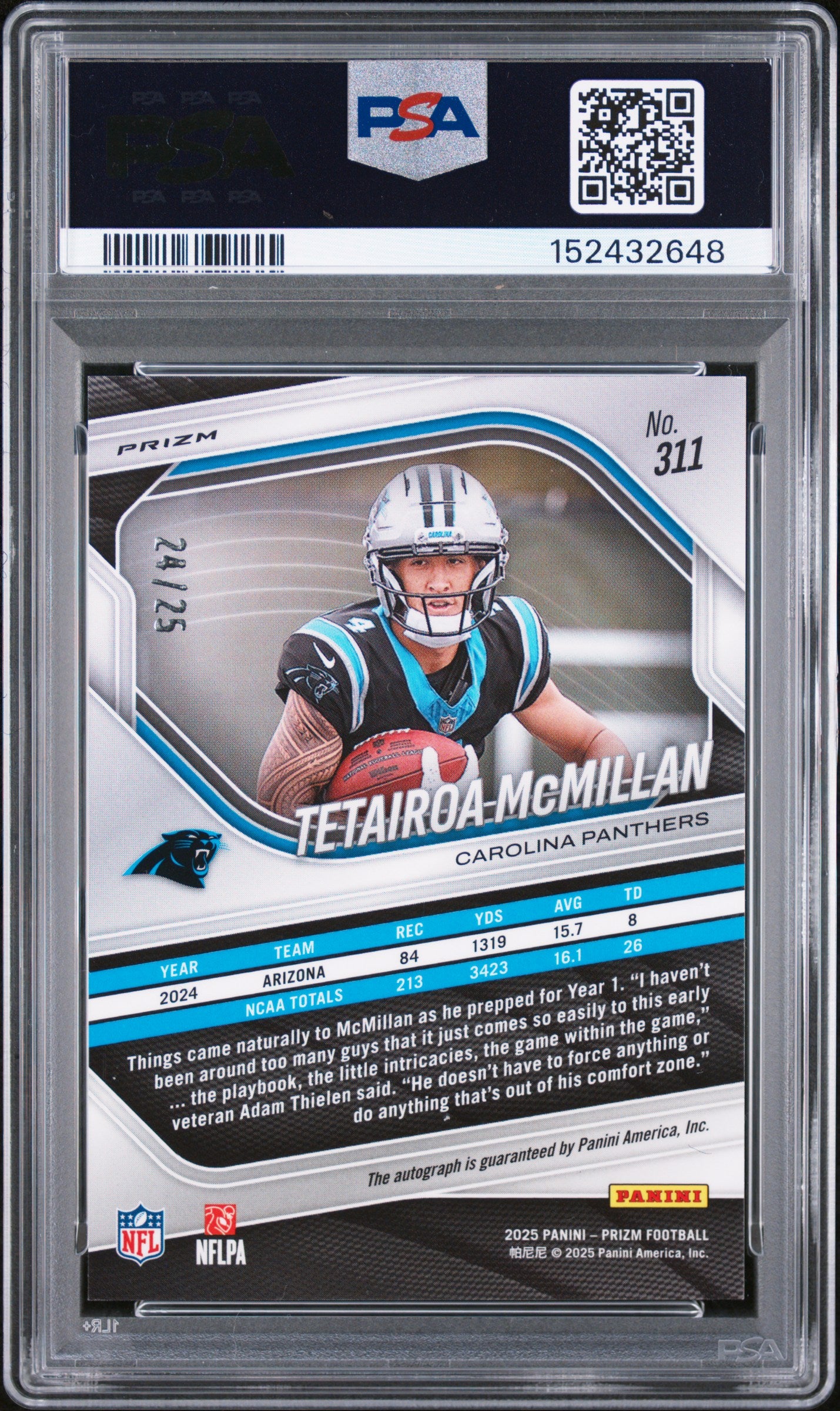 2025 Prizm Tetairoa Mcmillan Camo Auto /25 Rookie #311 PSA 10 Auto 9