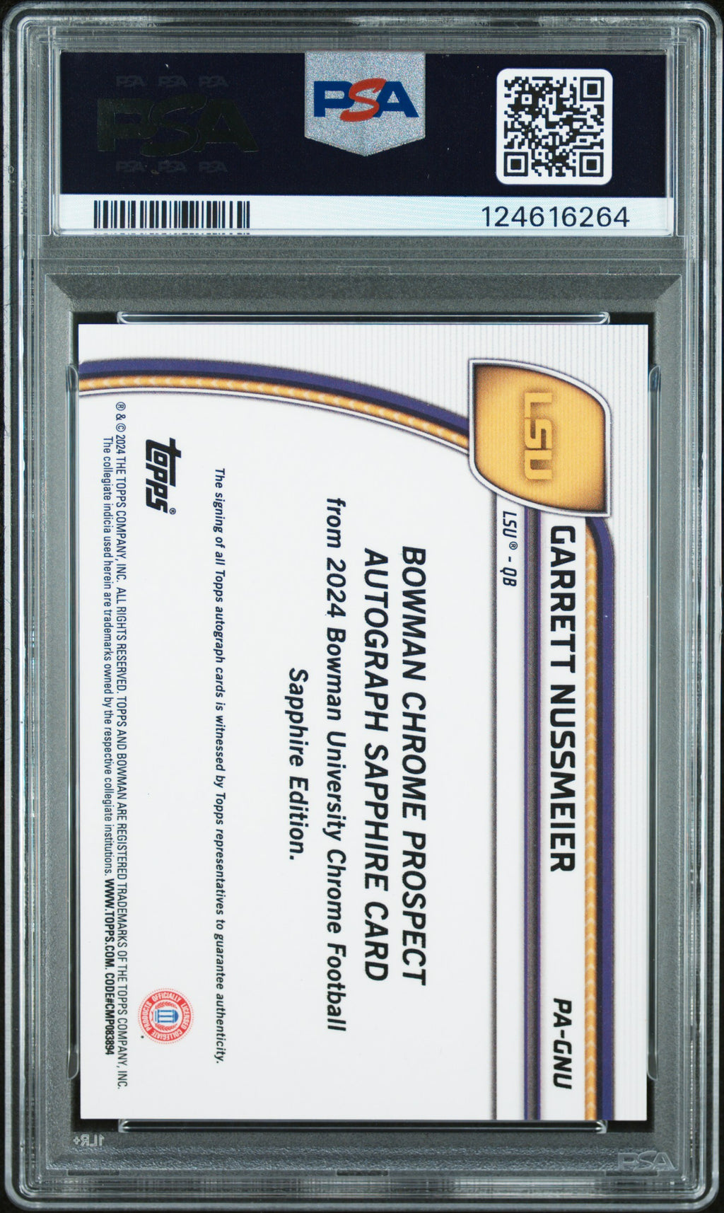 2024 Bowman Sapphire - Garrett Nussmeier - Black Auto /10 - PSA 10 - GEM MINT