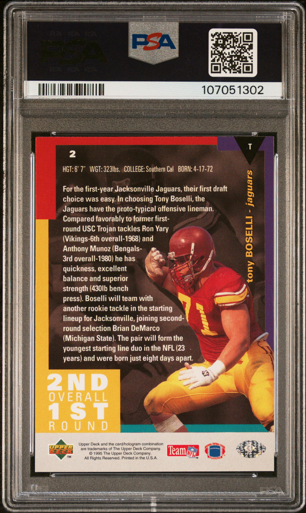 1995 Collector's Choice - Tony Boselli Player's Club #2 - RC Rookie HOF - PSA 7