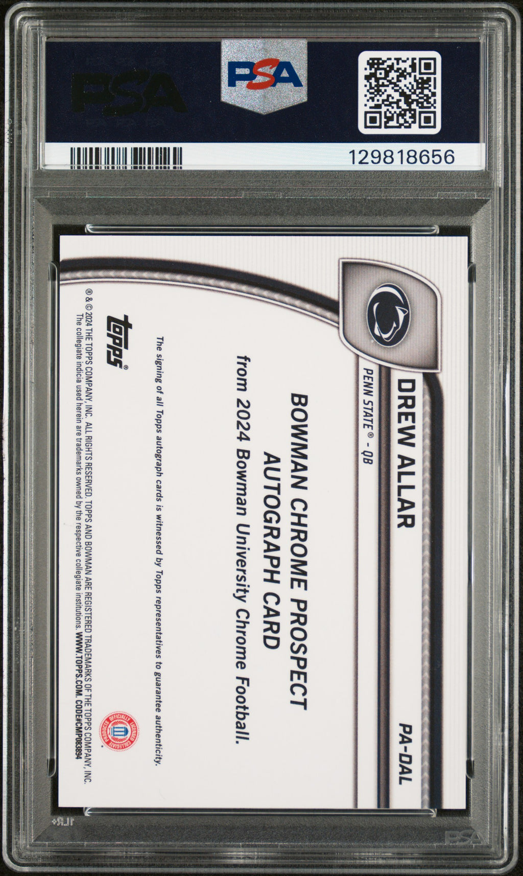2024 Bowman Chrome- Drew Allar - Black Auto /10 - #PADAL - PSA 8 Auto 10