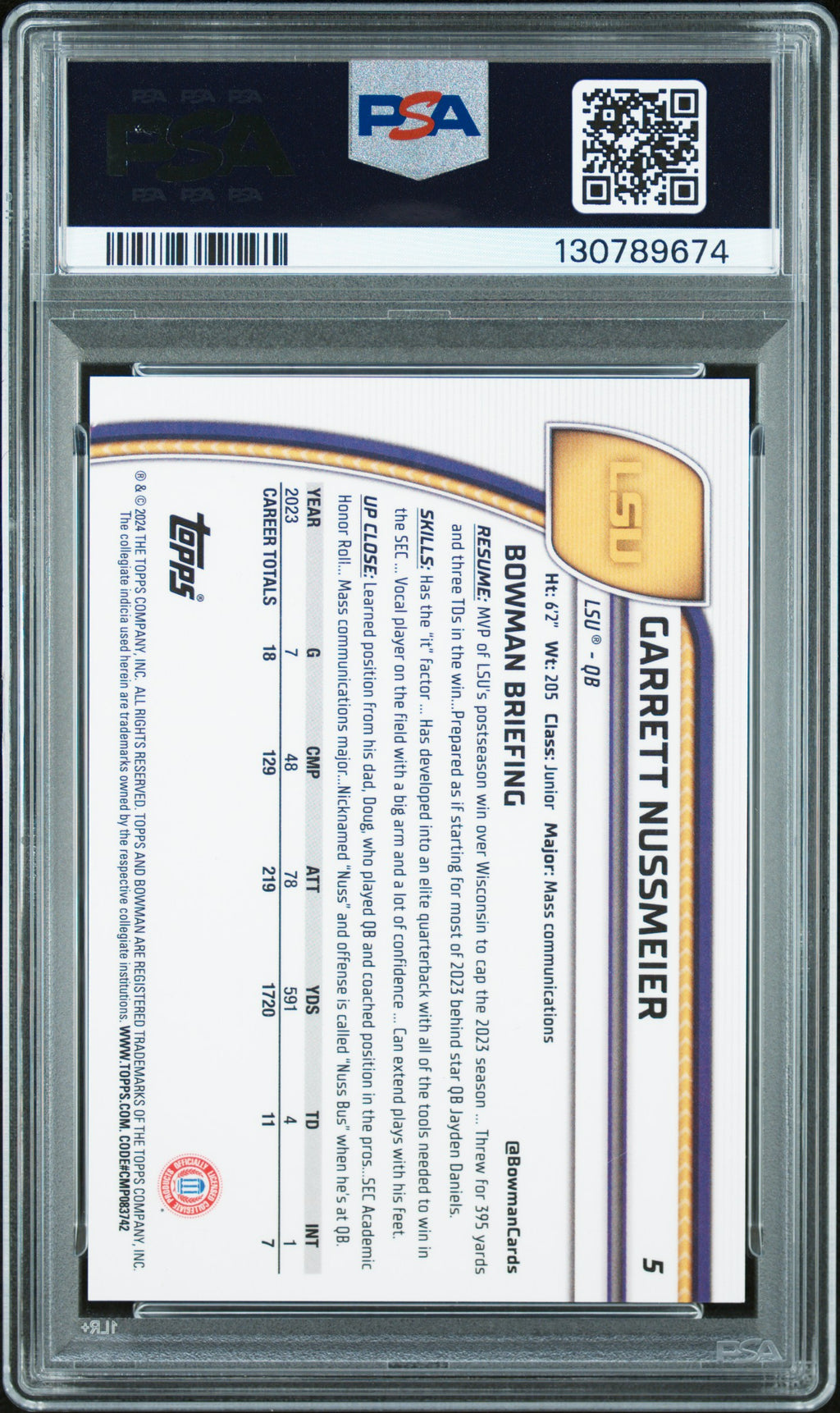 2024 Bowman Sapphire - Garrett Nussmeier - Black Refractor /10 - PSA 8