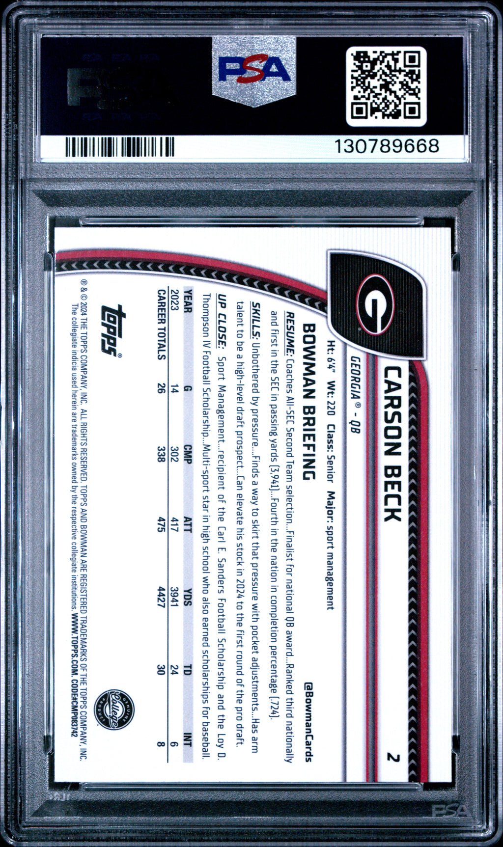 2024 Bowman Sapphire - Carson Beck #2 - PSA 10 GEM MINT
