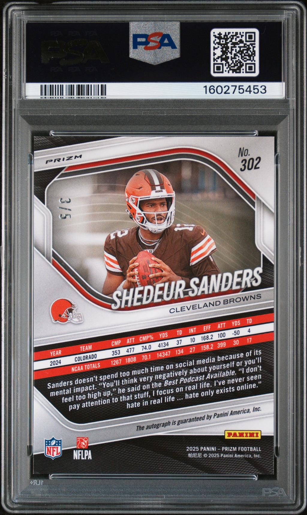 2025 Panini Prizm Shedeur Sanders Autograph Green Shimmer /5 Rookie #302 PSA 10