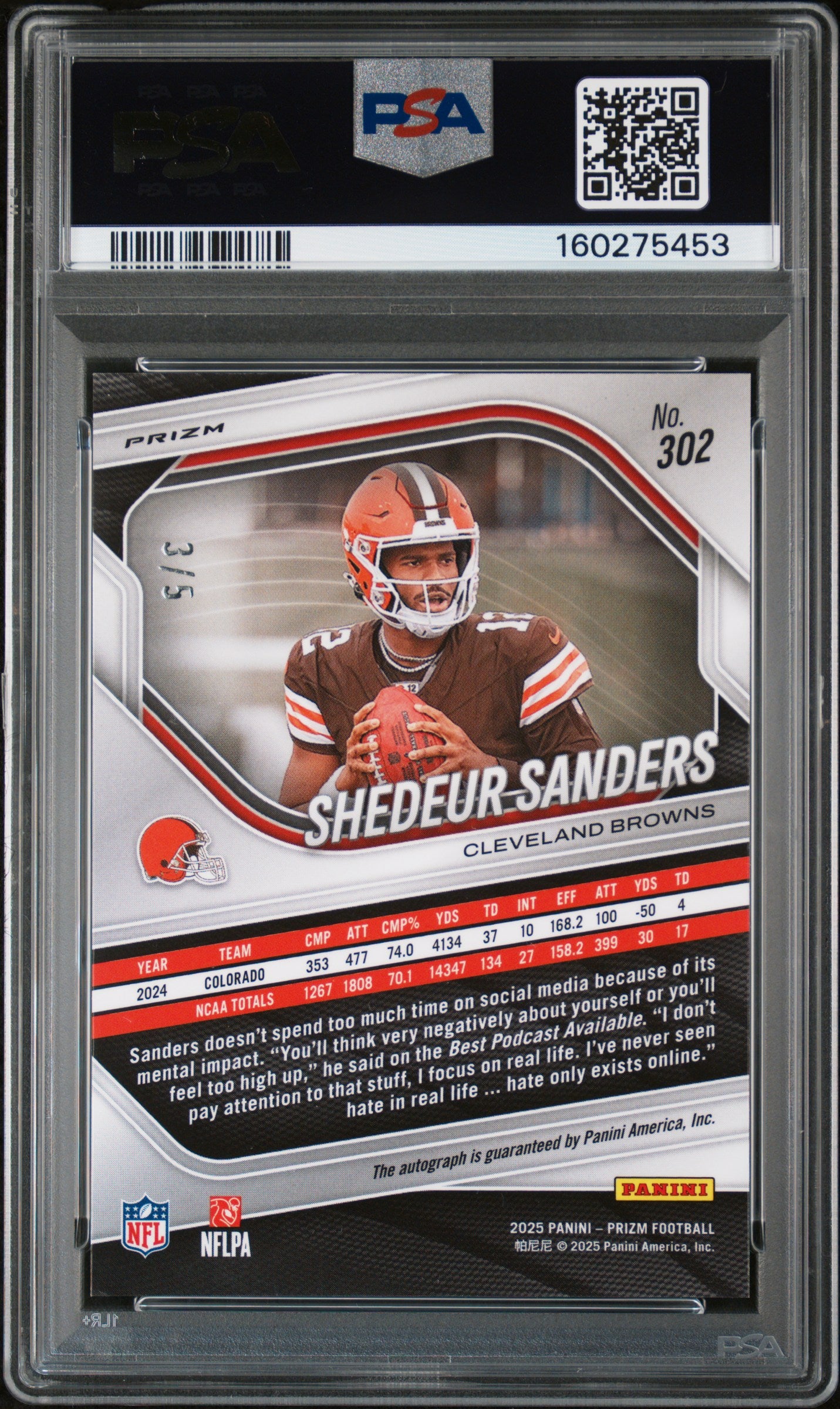 2025 Panini Prizm Shedeur Sanders Autograph Green Shimmer /5 Rookie #302 PSA 10