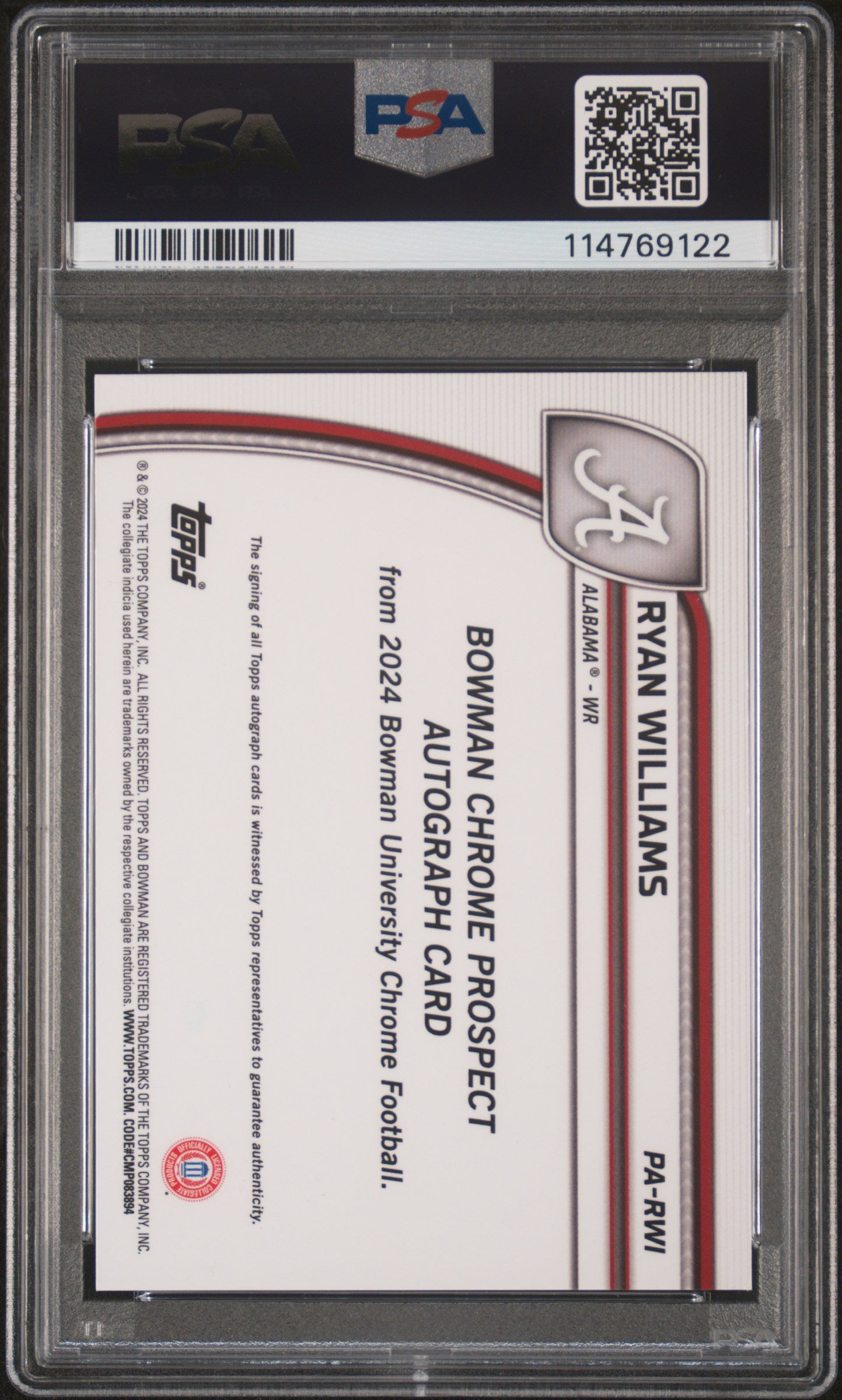 2024 Bowman Chrome - Ryan Williams - Red Shimmer Auto 1/5 - PSA 10 - #PARWI -