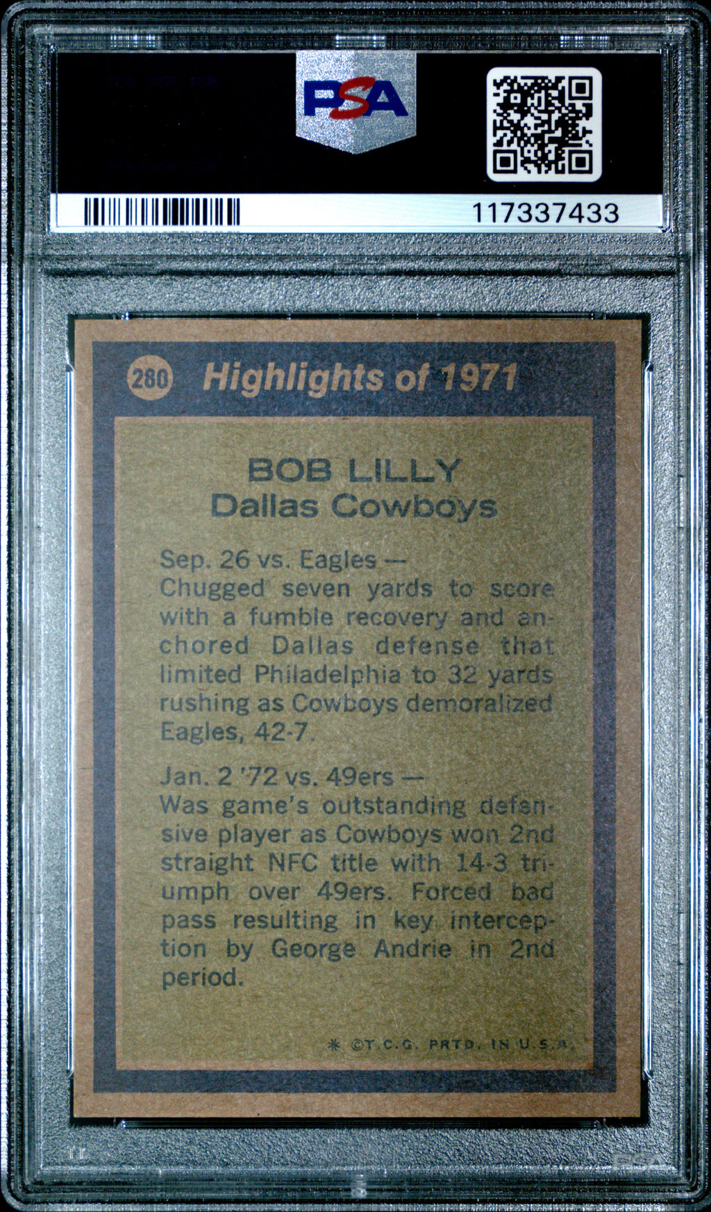 1972 Topps - Bob Lilly  -All Pro - #280 - PSA 5