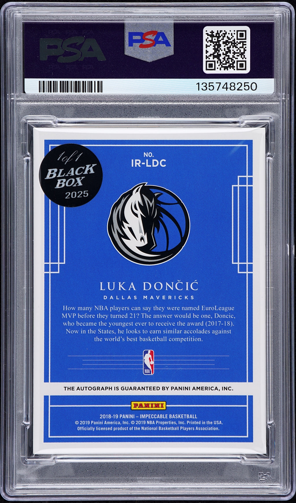 2025 - Impeccable - Luka Dončić - 2018 Black Box Rookie Auto - 1 of 1 - PSA 9