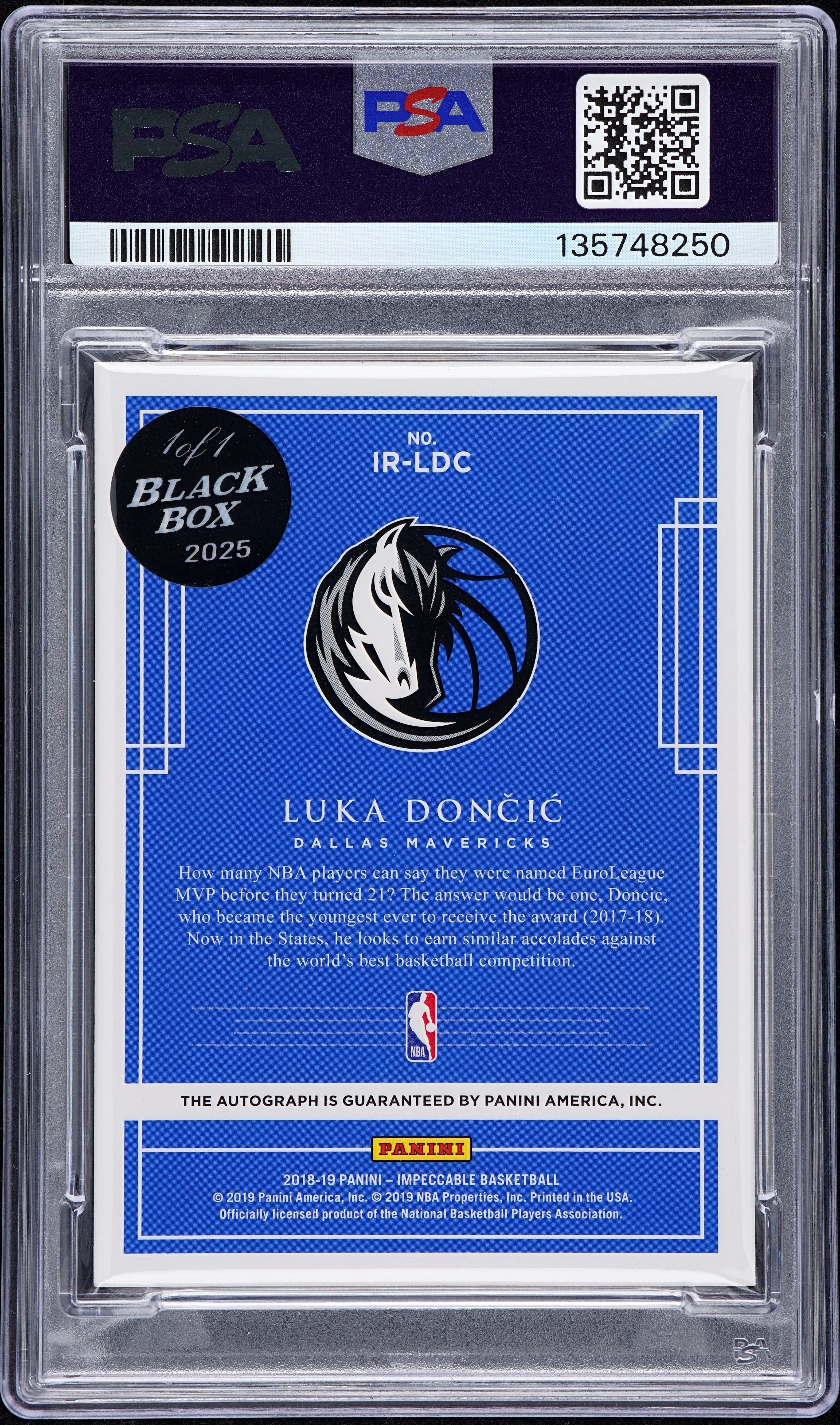 2025 - Impeccable - Luka Dončić - 2018 Black Box Rookie Auto - 1 of 1 - PSA 9