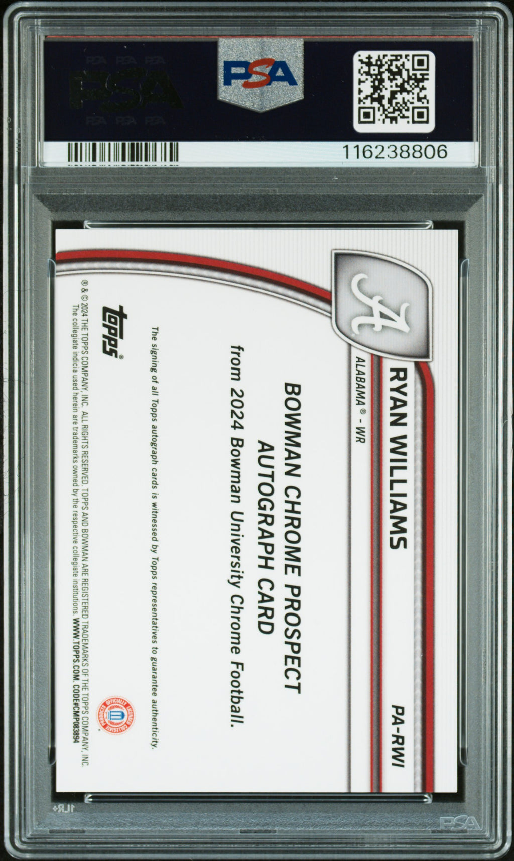 2024 Bowman Chrome -  Ryan Williams - Stealth Auto - PSA 10 Auto 10 - GEM MINT