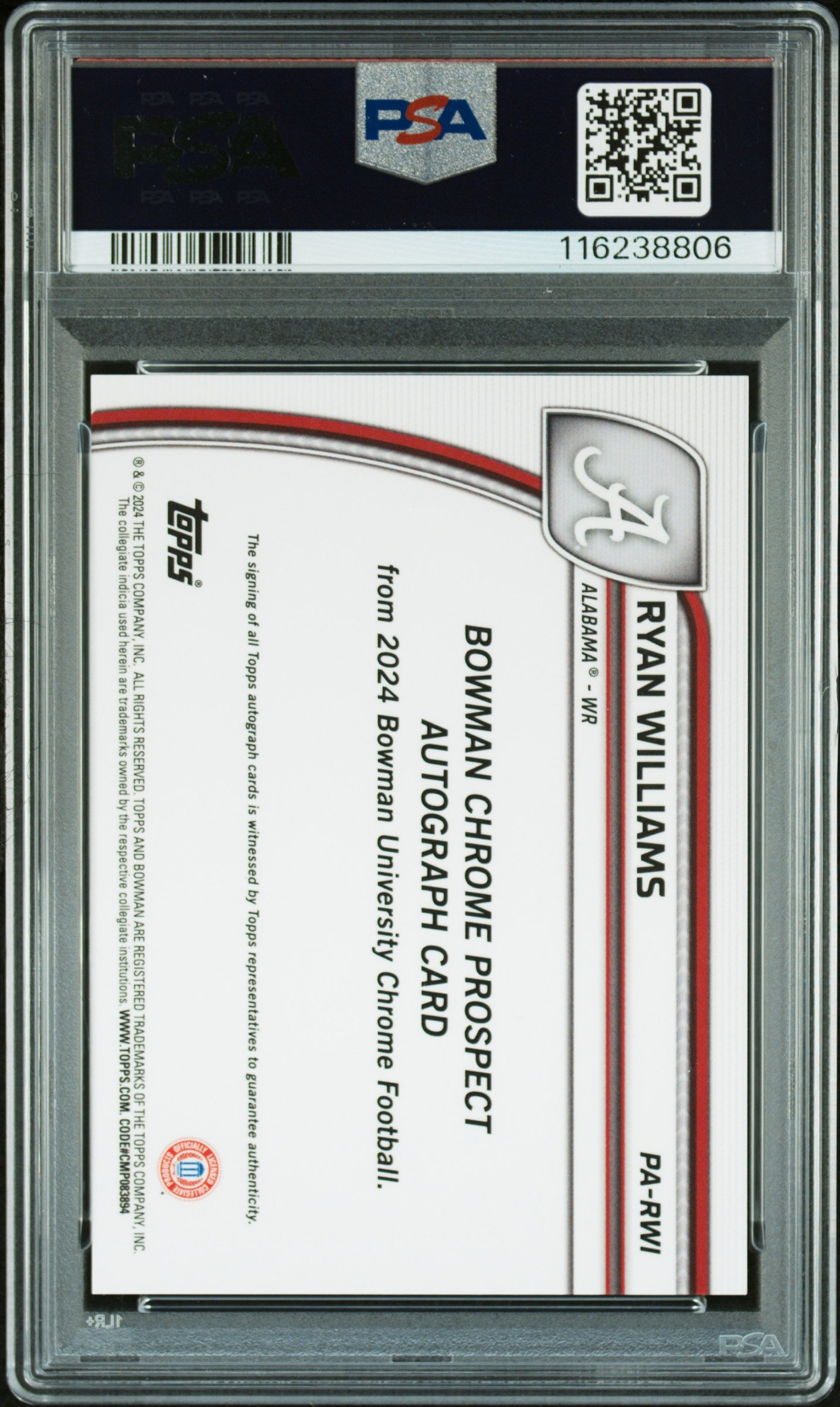 2024 Bowman Chrome -  Ryan Williams - Stealth Auto - PSA 10 Auto 10 - GEM MINT