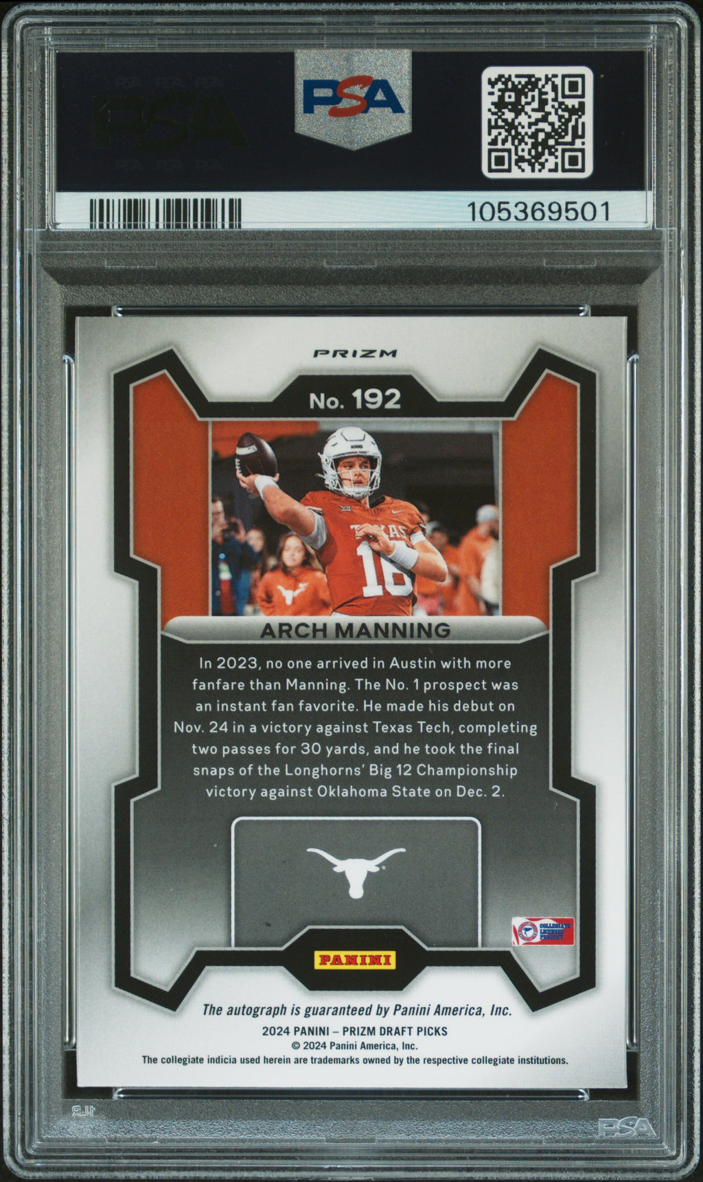 2024  Prizm Draft Picks - Arch Manning - Silver Auto - PSA 10 - GEM Rate - #192