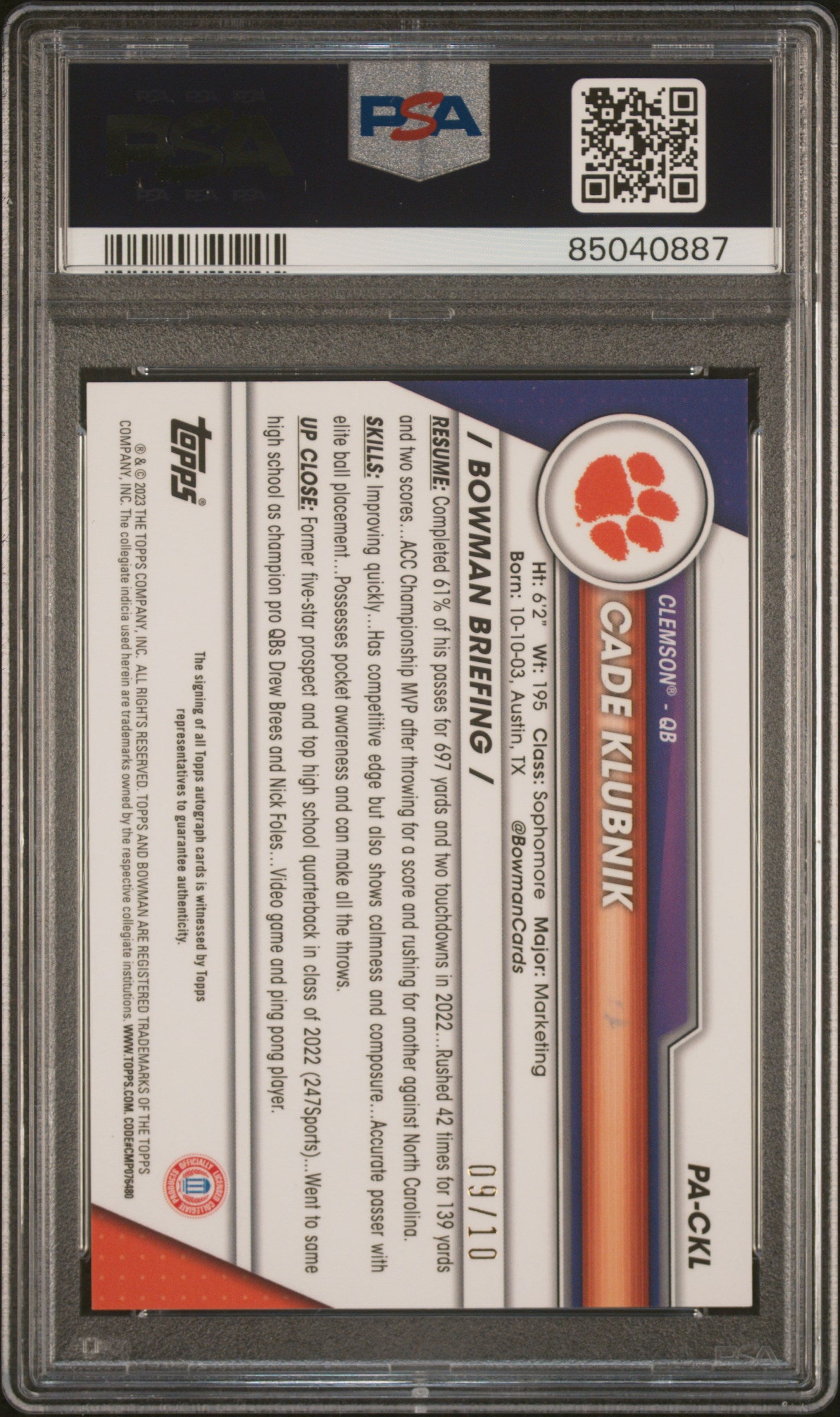 2023 Bowman Sapphire  - Cade Klubnik - Black 9/10 - PSA 10 - GEM Rate - #PA-CKL