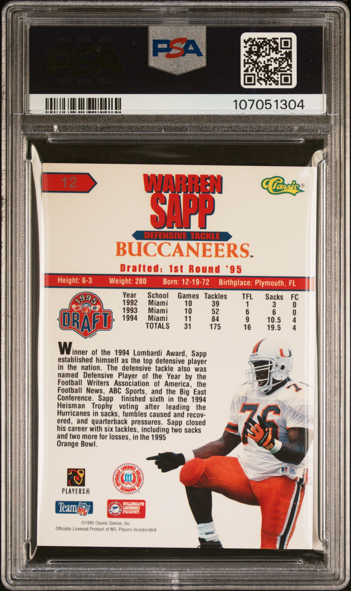 1995 Classic NFL Rookies - Warren Sapp - RC Rookie HOF #12 - PSA 8