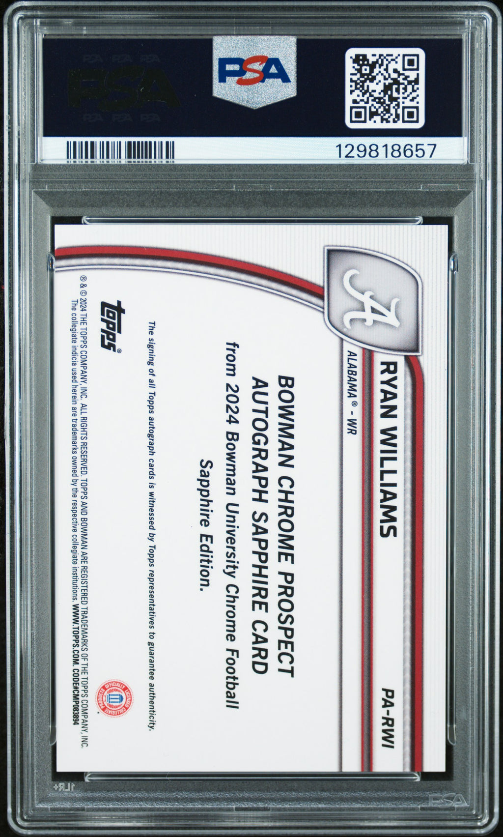 2024 Bowman Sapphire - Ryan Williams - Black Auto /10- PSA 10 Auto 10 - GEM MINT