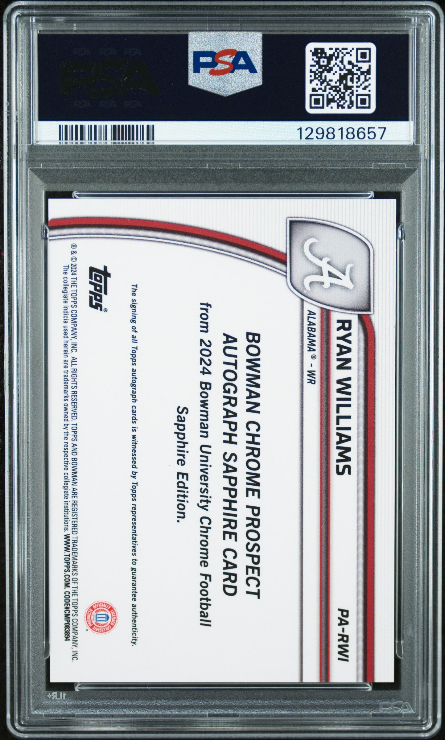 2024 Bowman Sapphire - Ryan Williams - Black Auto /10- PSA 10 Auto 10 - GEM MINT