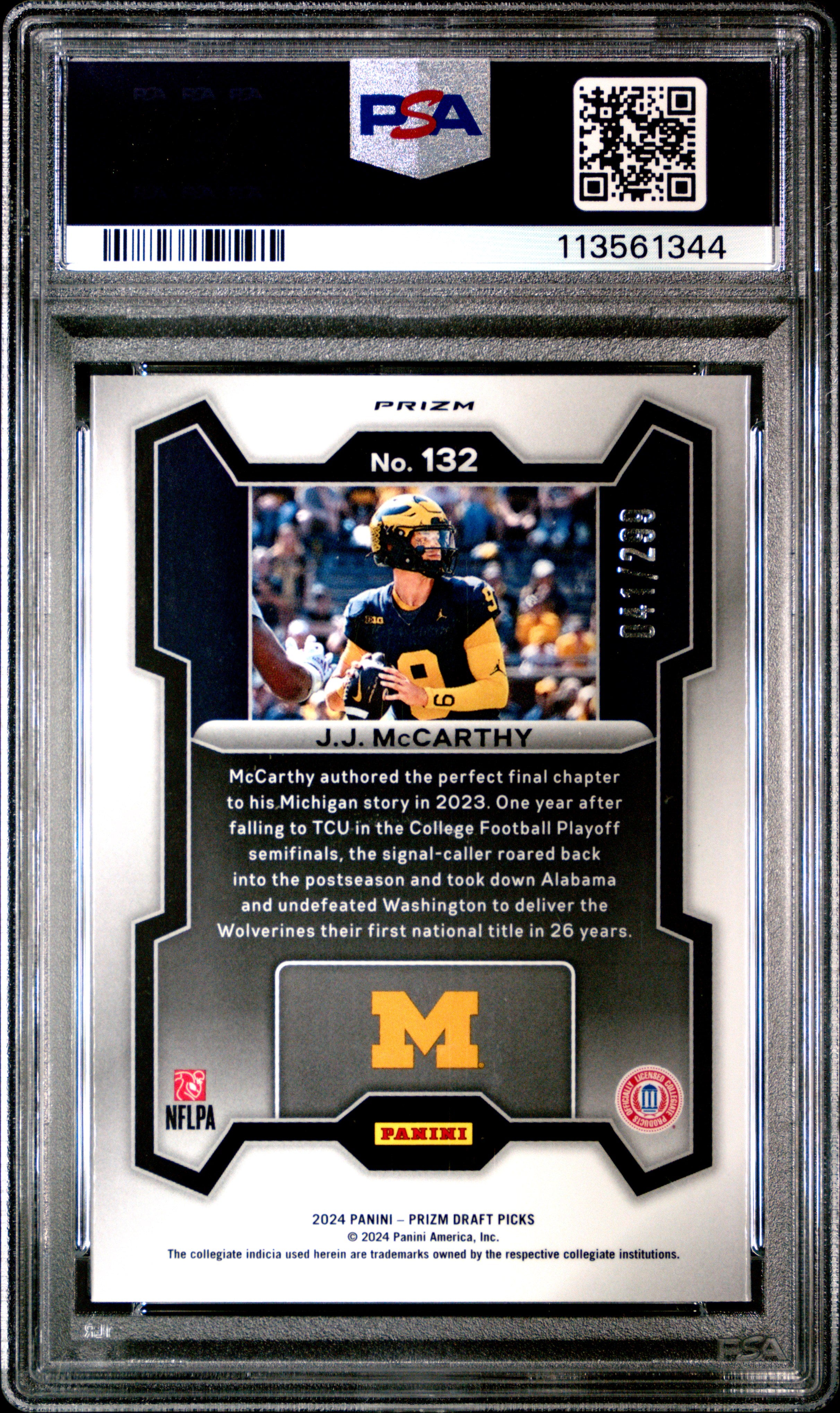 2024 Panini Prizm Draft Picks JJ Mccarthy Red #132 PSA 9