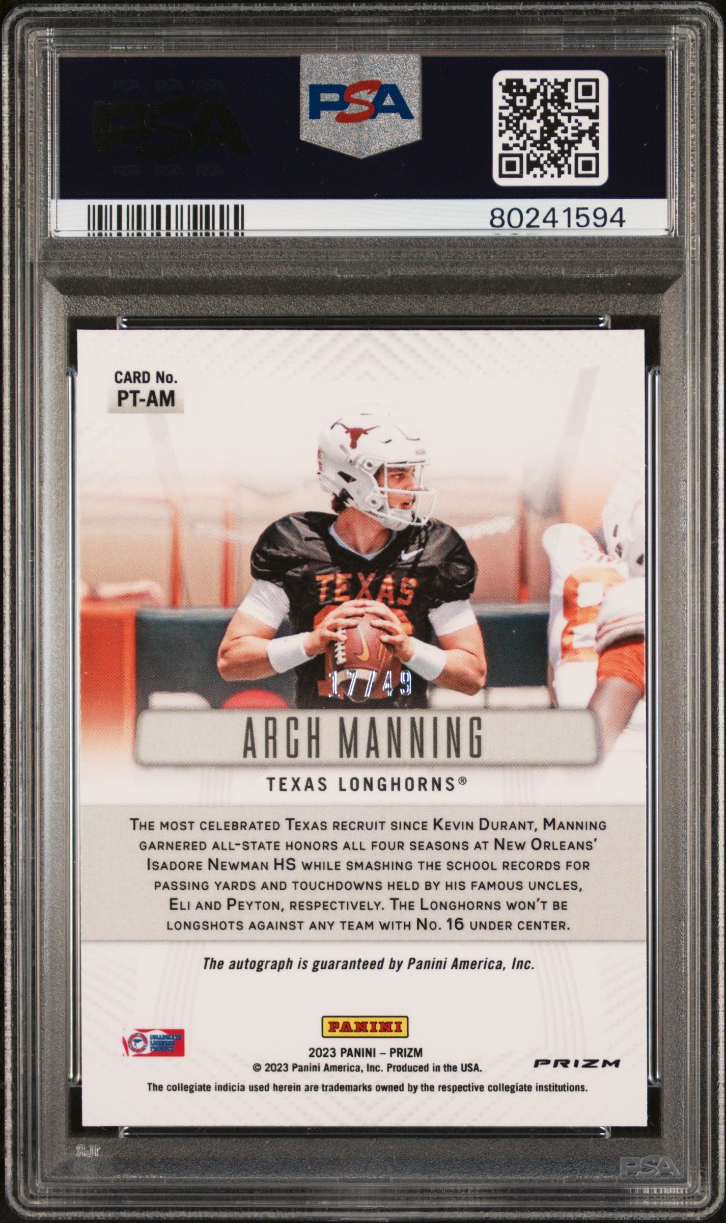 2023 Prizm Throwback - Arch Manning  - Burnt Orange Auto 17/49 -PSA 10-GEM MINT