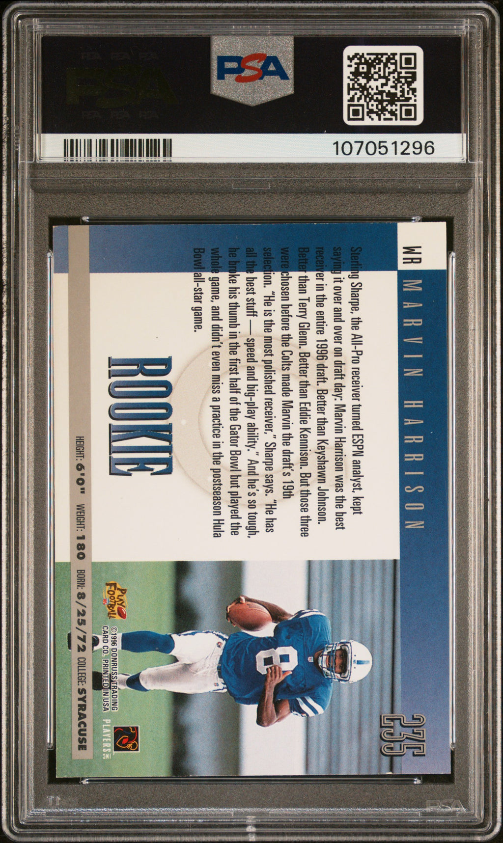 1996 Donruss - Marvin Harrison - RC Rookie HOF #235 - PSA 9