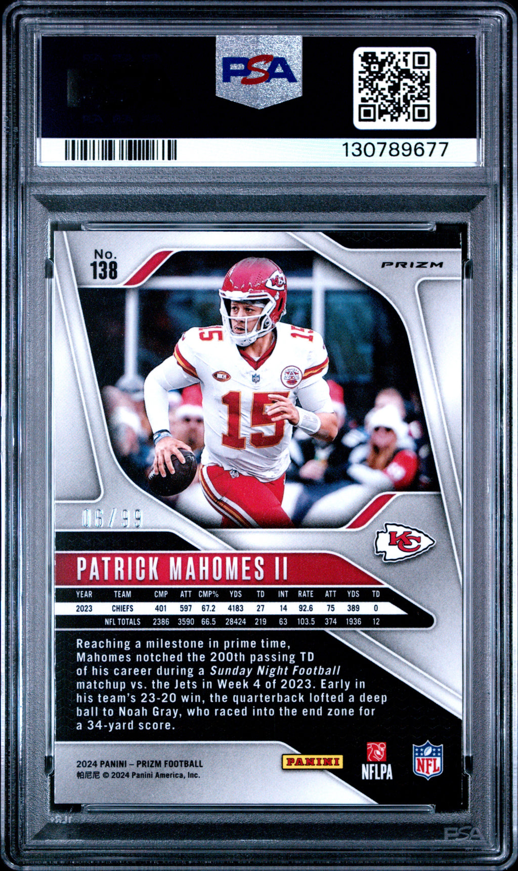 2024 Prizm - Patrick Mahomes II - No Huddle Blue /99 #138 - PSA 10 GEM MINT