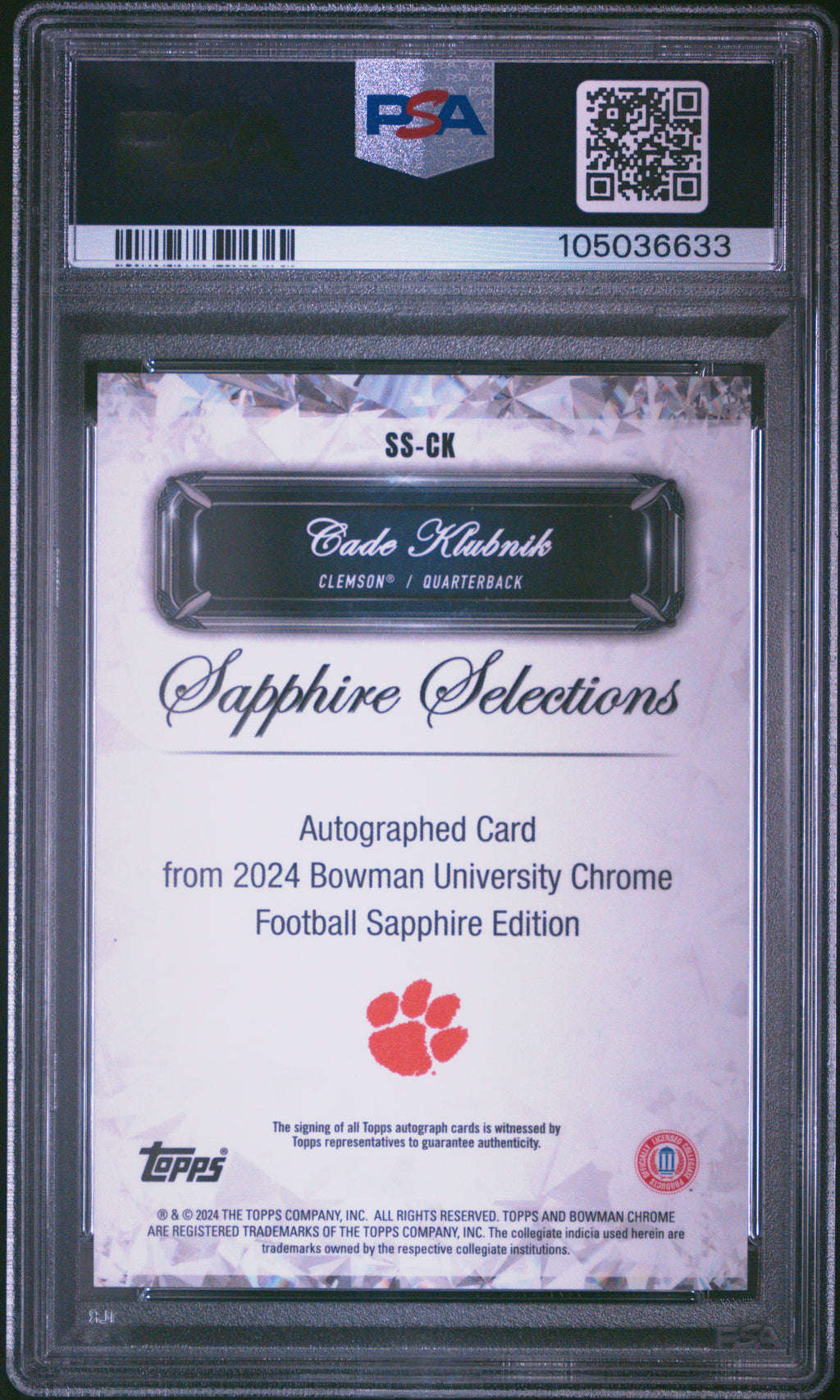 2024 Bowman Sapphire  - Cade Klubnik - Sapph. Selections Black Auto 1/10-PSA 10