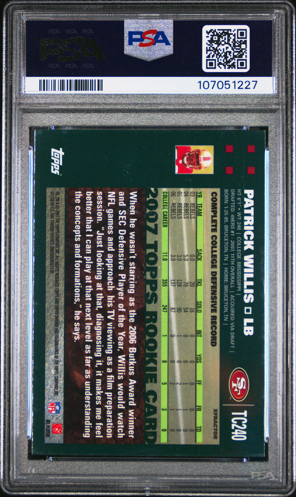 2007 Topps Chrome - Patrick Willis - Xfractor #TC240- RC Rookie HOF - PSA 8