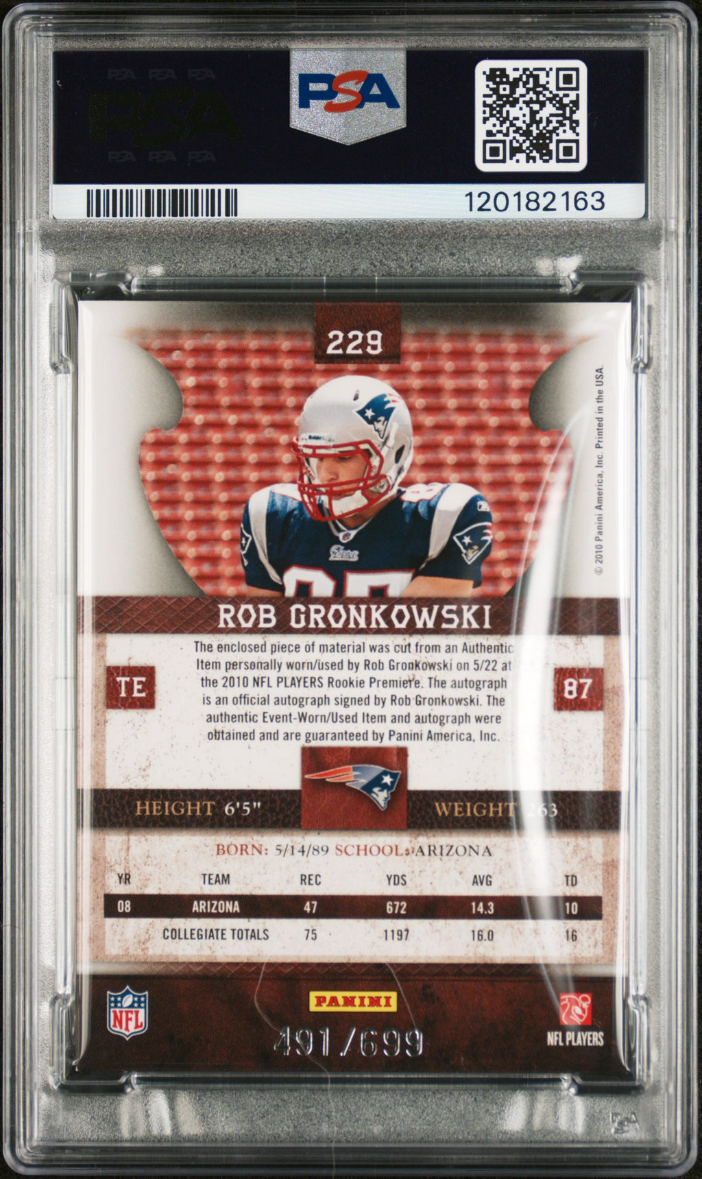 2010 Plates & Patches - Rob Gronkowski - Auto Patch /699 #229 -RC Rookie-PSA 9