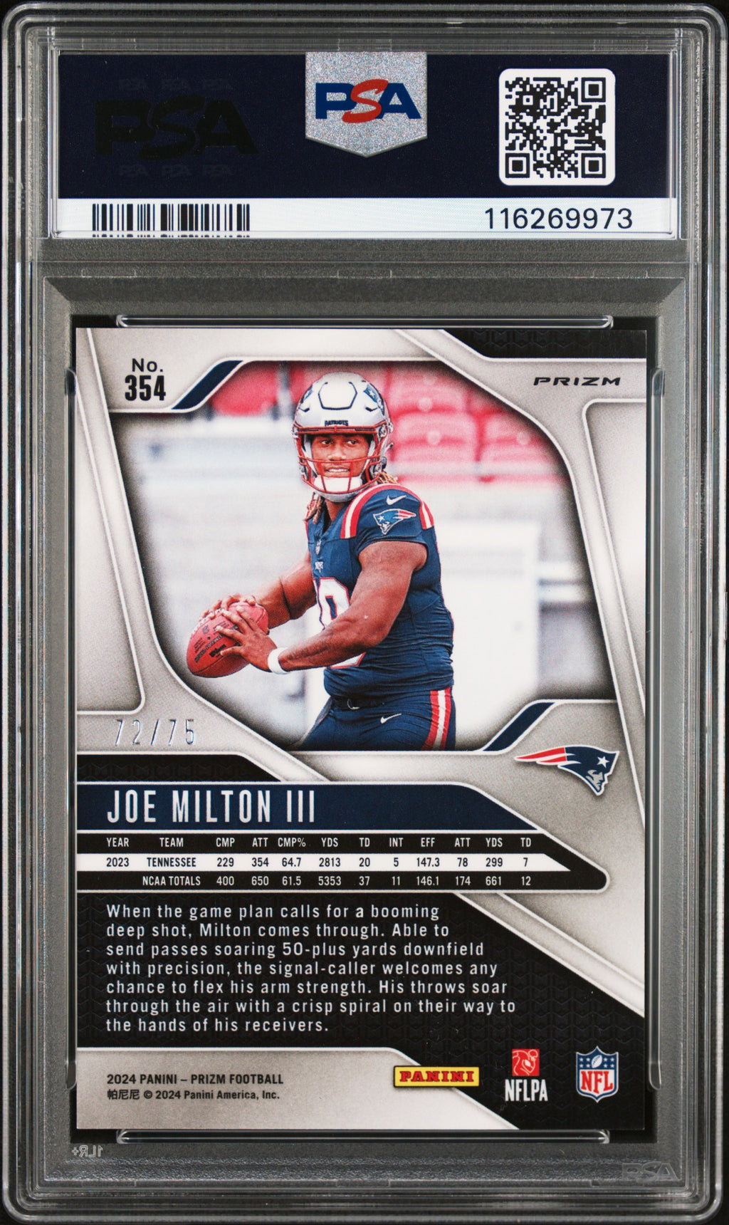 2024 Prizm - Joe Milton III - No Huddle Red - RC - Rookie - #354 - PSA 9