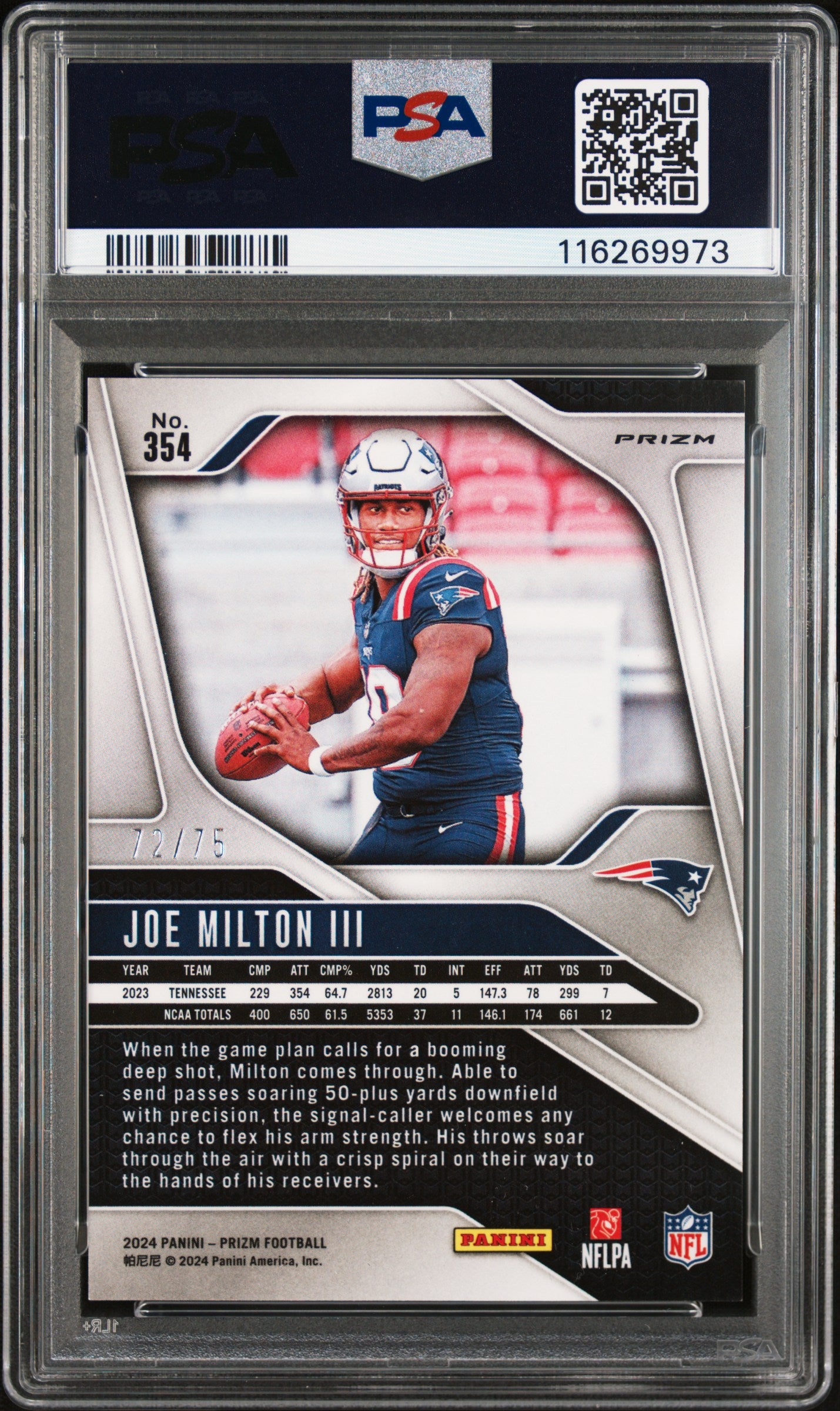 2024 Prizm - Joe Milton III - No Huddle Red - RC - Rookie - #354 - PSA 9