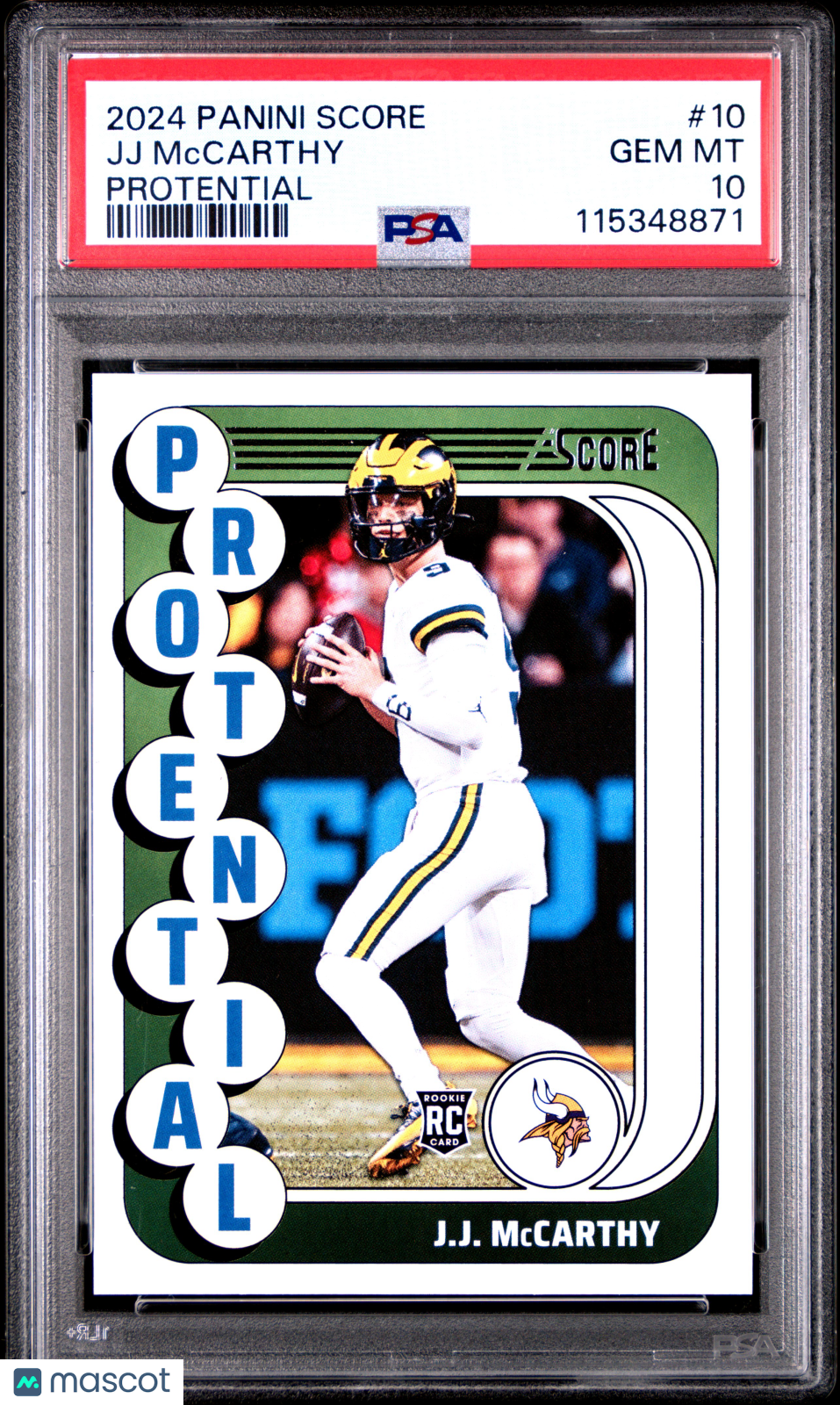 2024 Score - JJ Mccarthy - Protential - #10 = RC - Rookie - PSA 10 - GEM Rate
