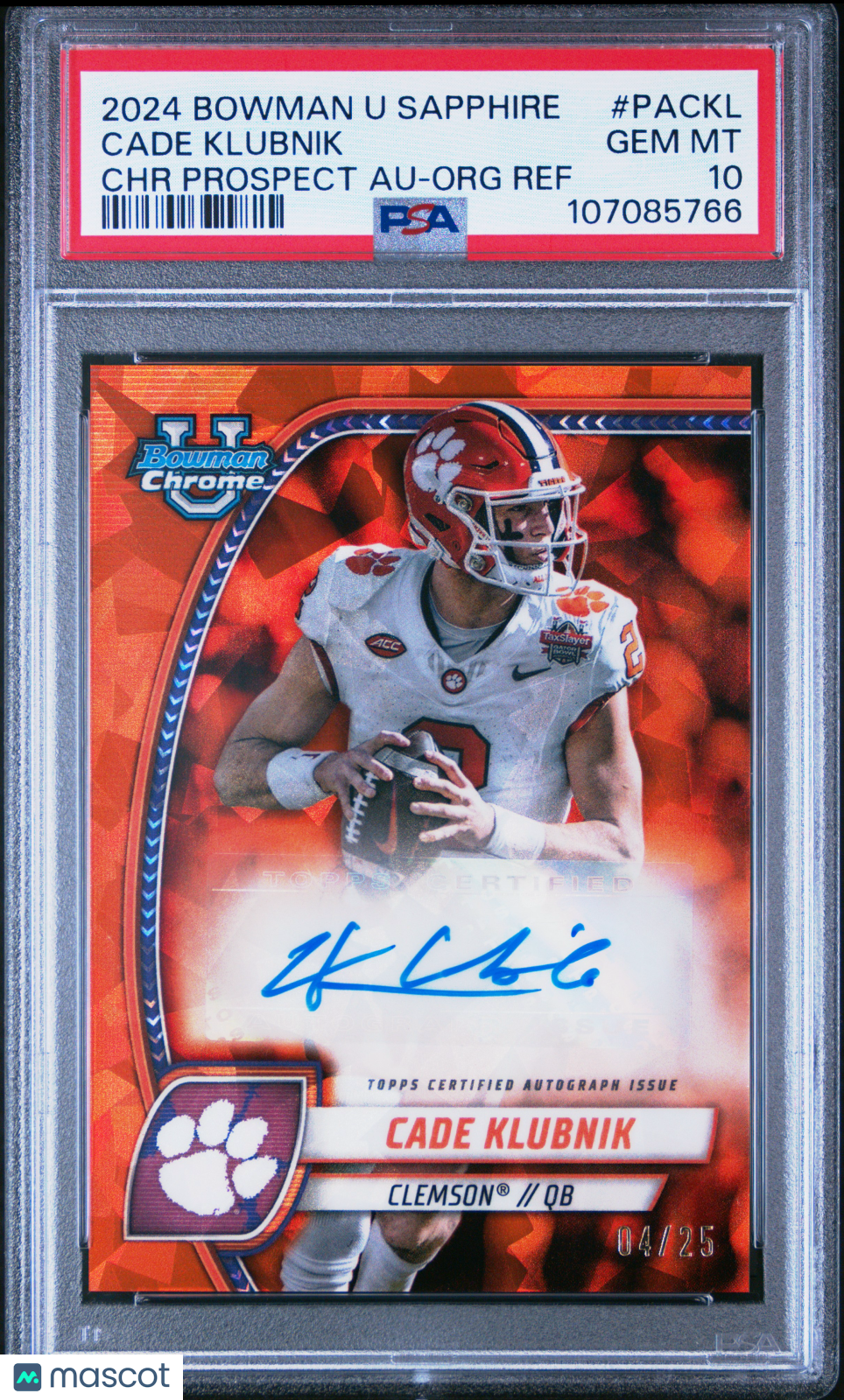 2024 Bowman Sapphire - Cade Klubnik - Orange Auto /25 - PSA 10 GEM MINT