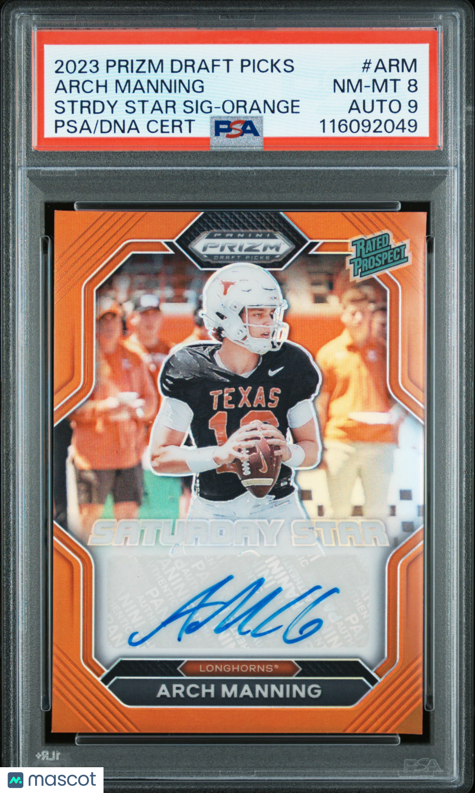 2023 Prizm Draft Picks -  Arch Manning - Sat. Star Auto Burnt Orange /49 -PSA 8
