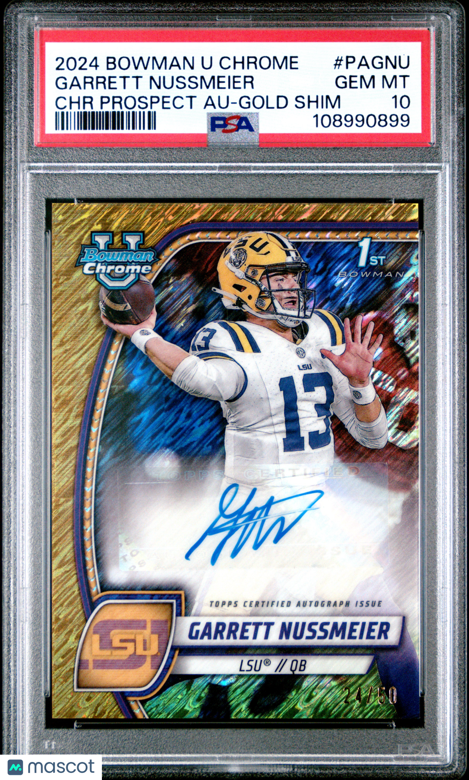 2024 Bowman Chrome - Garrett Nussmeier - Gold Shimmer 7/50 - PSA 10 - #PAGNU