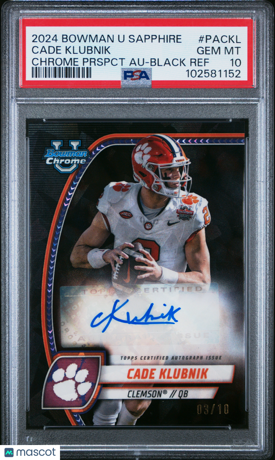 2024 Bowman Sapphire - Cade Klubnik - Black Auto 3/10 - PSA 10 -GEM Rate-#PACKL