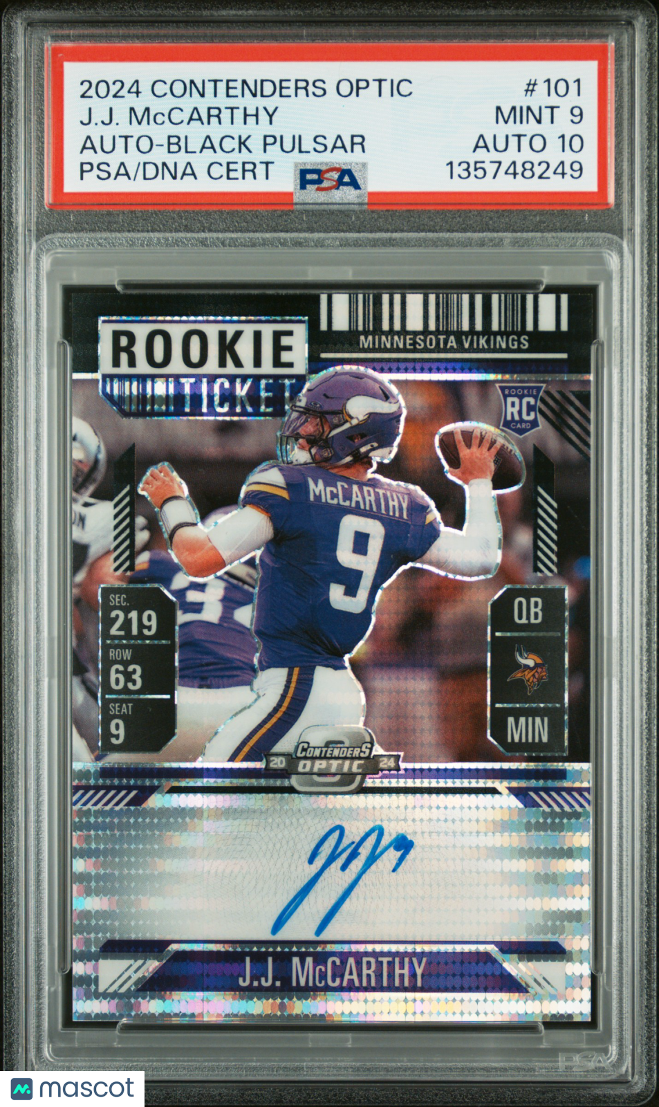 2024 Contenders Optic- J.J. McCarthy-Black Pulsar Rookie Ticket /8-PSA 9 AUTO 10