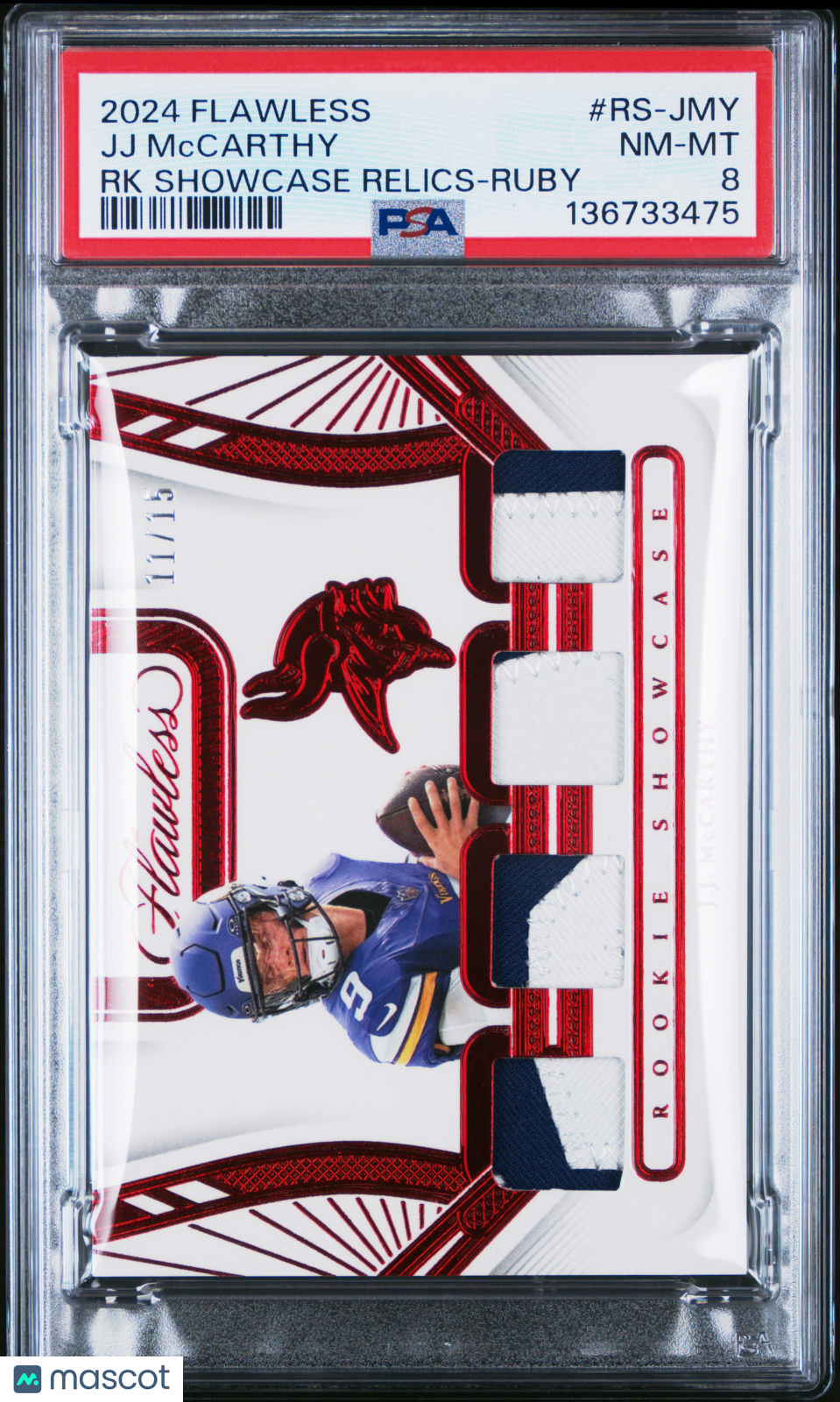 2024 Flawless - J.J. McCarthy - Rookie Showcase Quad Patch /15 - PSA 8